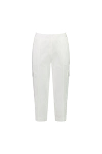 The Wave Pant - White by Vassalli is a stretch poplin cropped cargo pant with side patch pockets, adjustable waistband, and visible stitching, shown against a white background.