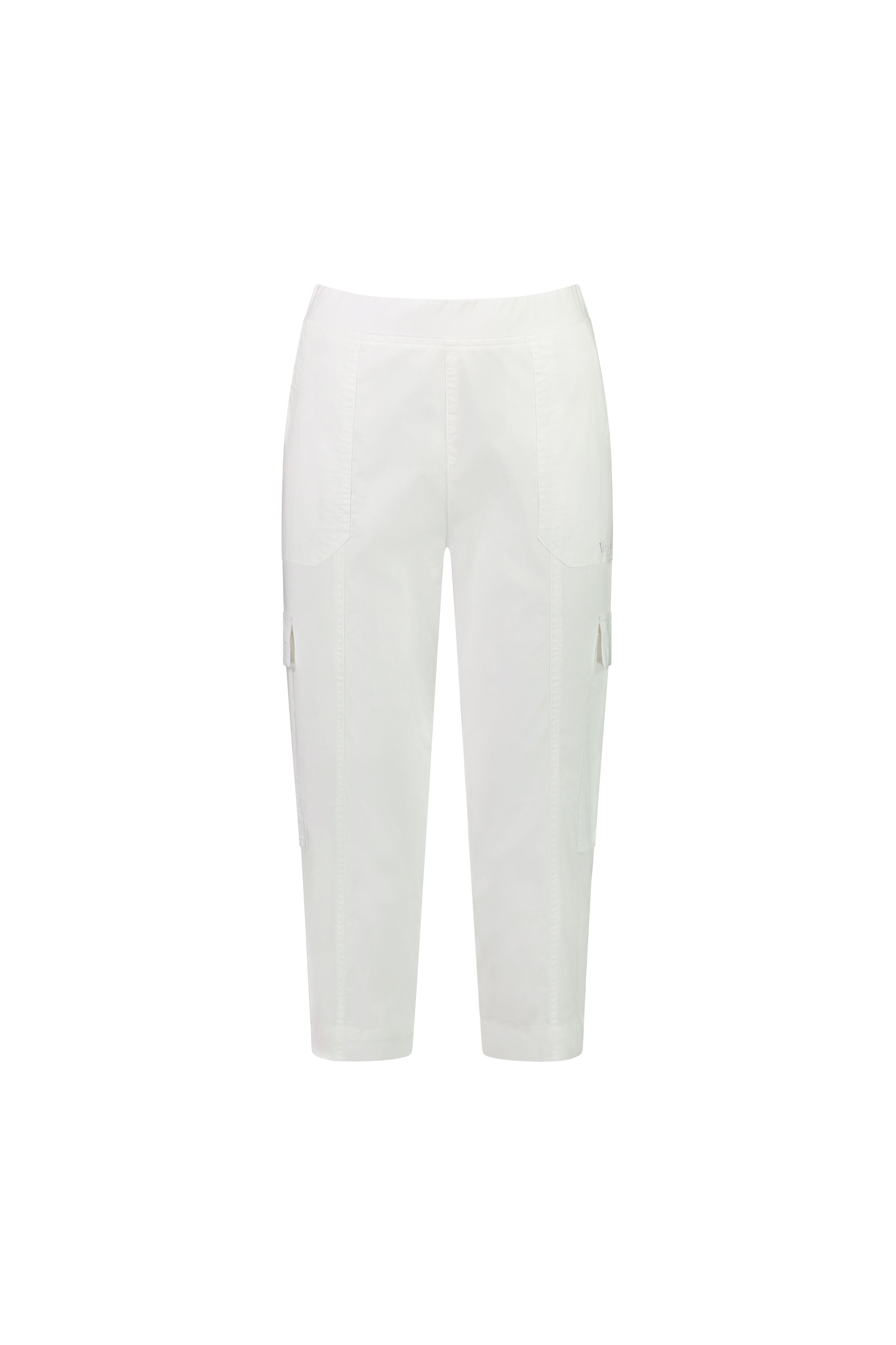 The Wave Pant - White by Vassalli is a stretch poplin cropped cargo pant with side patch pockets, adjustable waistband, and visible stitching, shown against a white background.