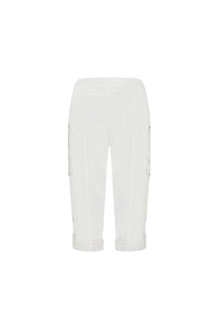 The Vassalli Wave Pant in white, shown from the back on a plain background, features a knee-length cut, stretch poplin fabric, flap and side pockets, an adjustable waistband, and buttoned hem tabs.