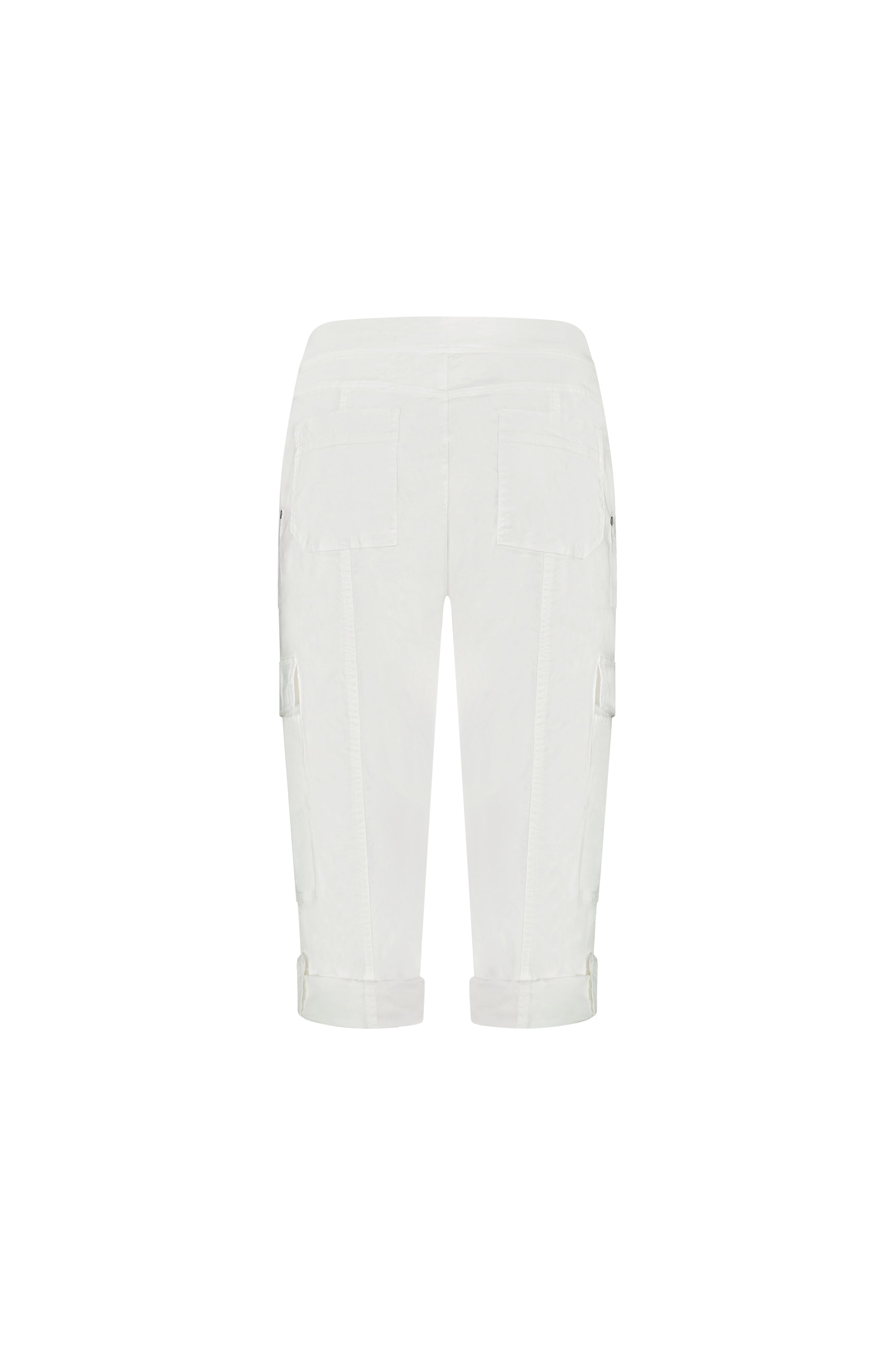 The Vassalli Wave Pant in white, shown from the back on a plain background, features a knee-length cut, stretch poplin fabric, flap and side pockets, an adjustable waistband, and buttoned hem tabs.