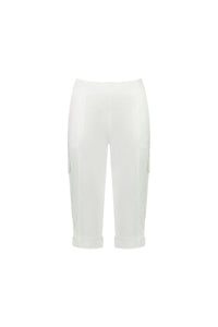 The Vassalli Wave Pant - White is a stretch poplin cropped cargo pant with an adjustable waistband, front patch and side cargo pockets, rolled cuffs, shown on a plain white background.