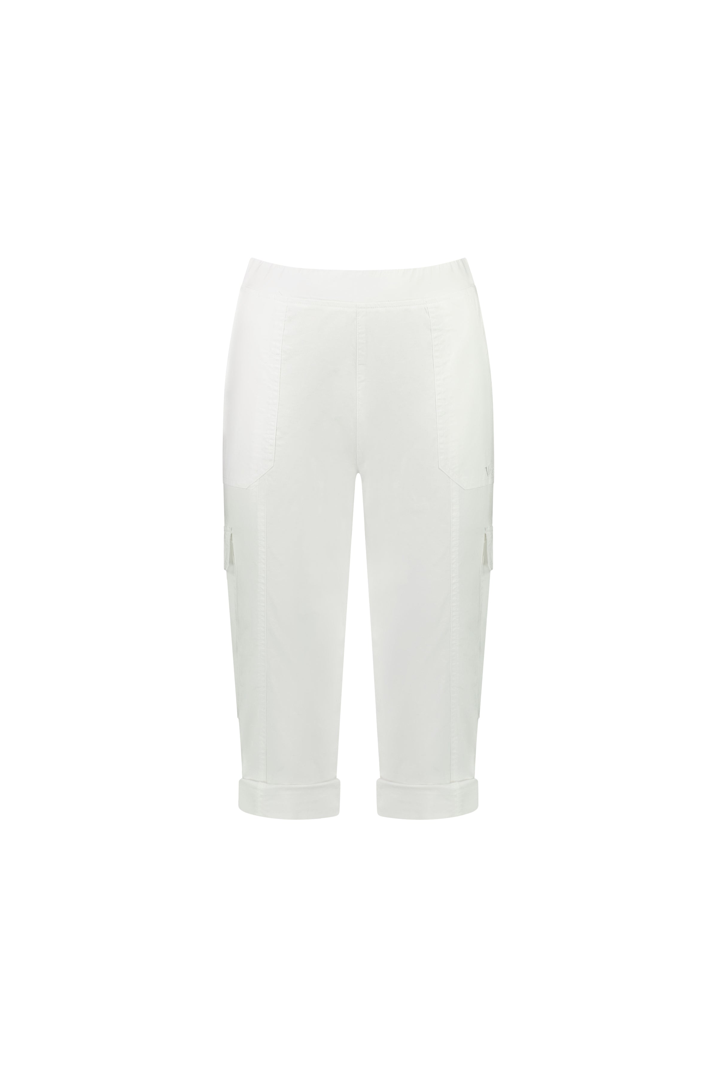 The Vassalli Wave Pant - White is a stretch poplin cropped cargo pant with an adjustable waistband, front patch and side cargo pockets, rolled cuffs, shown on a plain white background.