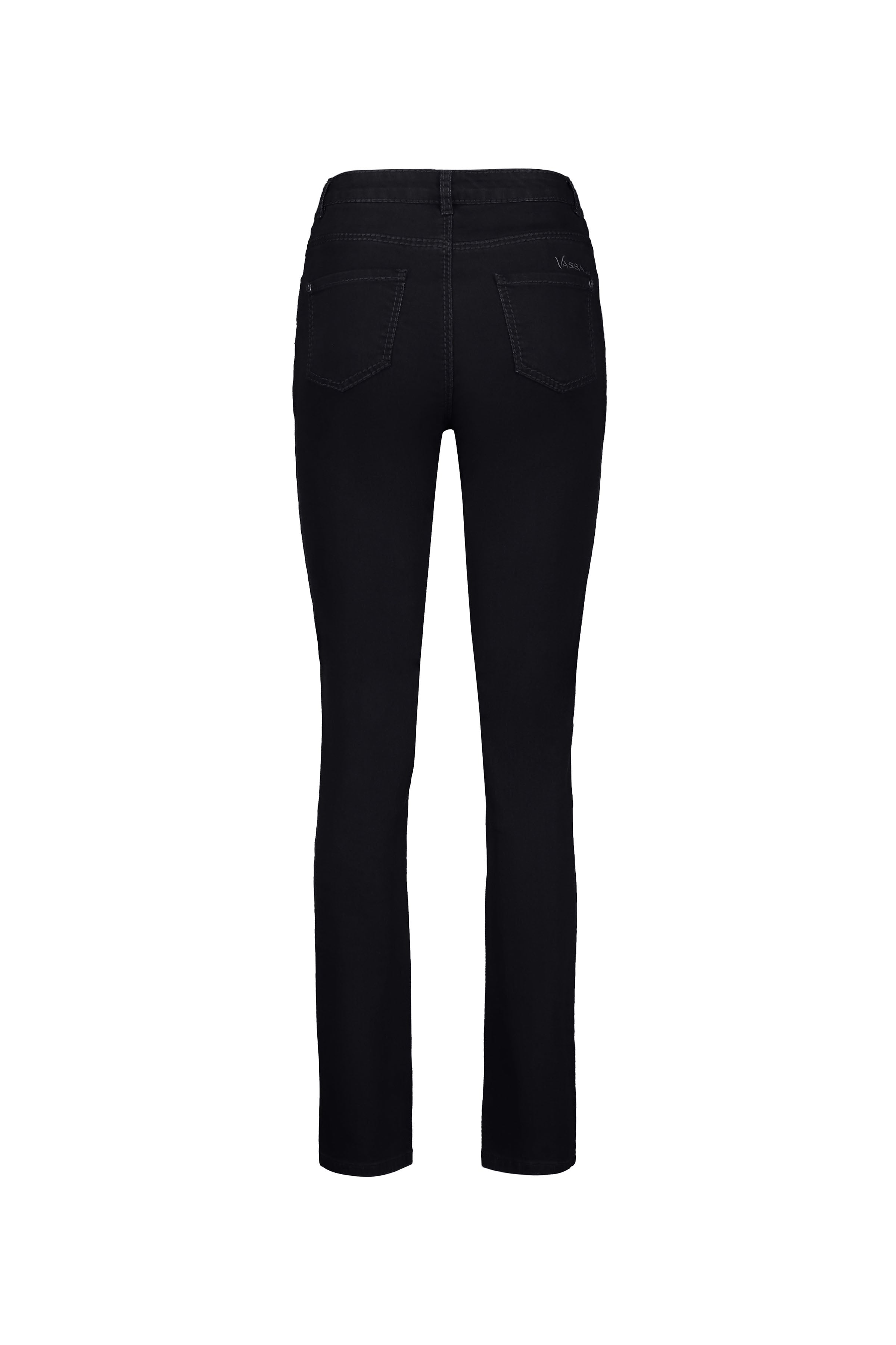 Back view of the Vassalli Lotus Jean in Black Denim, showcasing two back pockets, visible stitching, and a slim leg cut, displayed against a white background.
