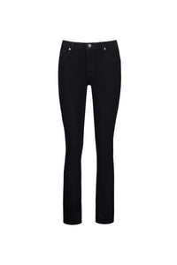 The Vassalli Lotus Jean in black denim features a straight-leg fit, front and back pockets, button closure, and belt loops. Made with stretch fabric for comfort and style, shown on a plain white background.