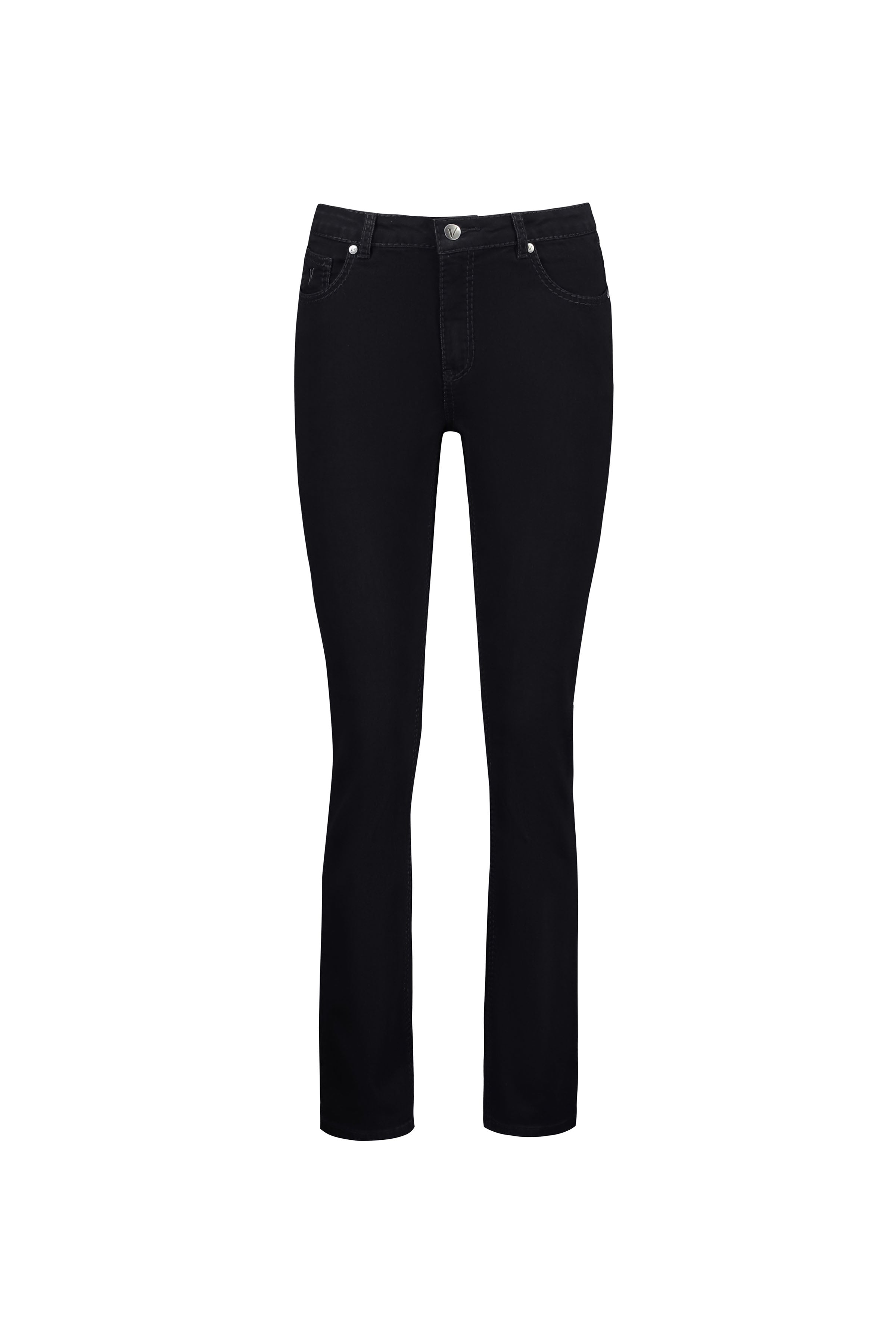 The Vassalli Lotus Jean in black denim features a straight-leg fit, front and back pockets, button closure, and belt loops. Made with stretch fabric for comfort and style, shown on a plain white background.