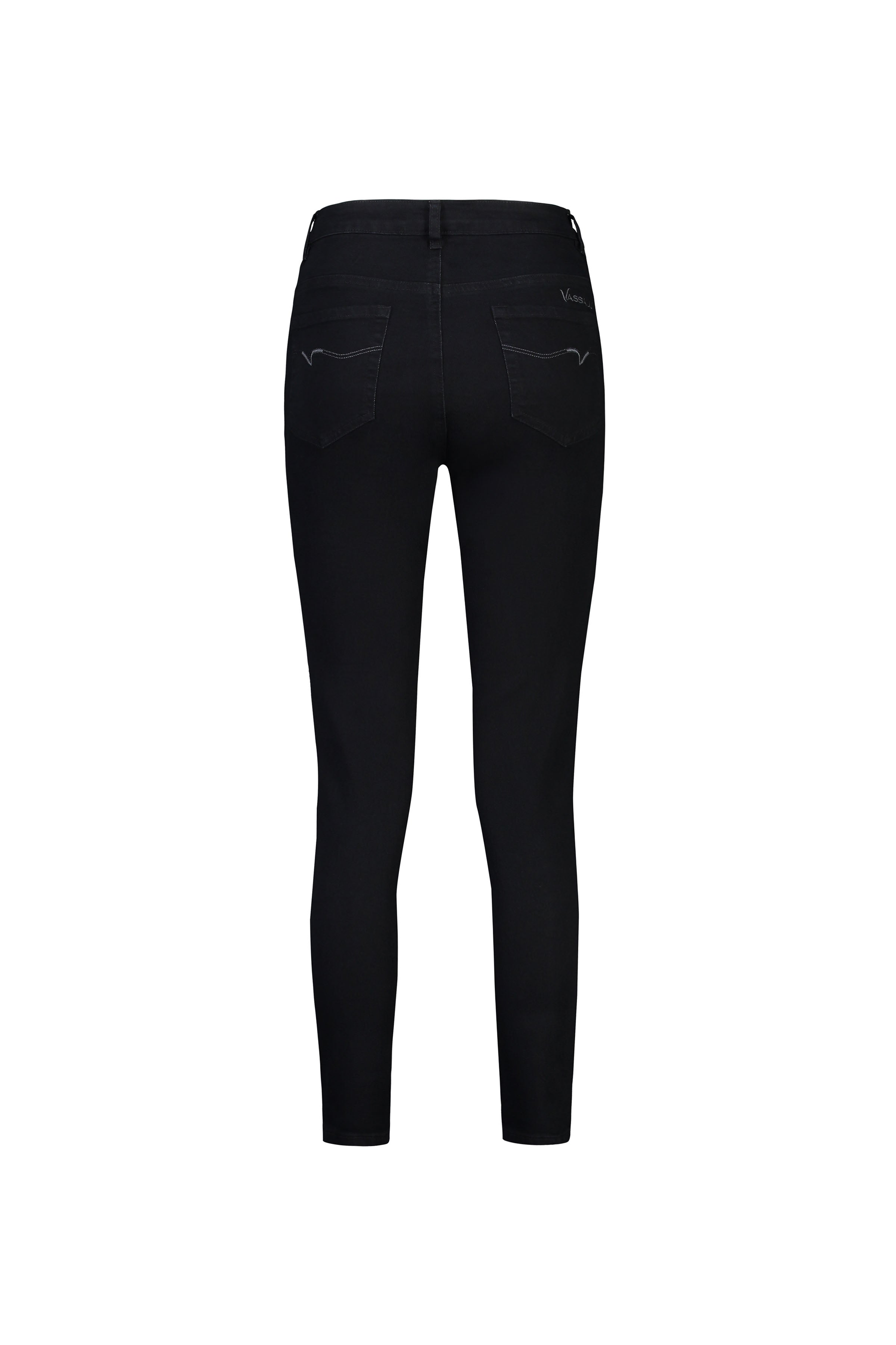 The Vassalli Icon Jean in black denim features a mid-rise waist and two subtly stitched back pockets, shown from the back against a white background.