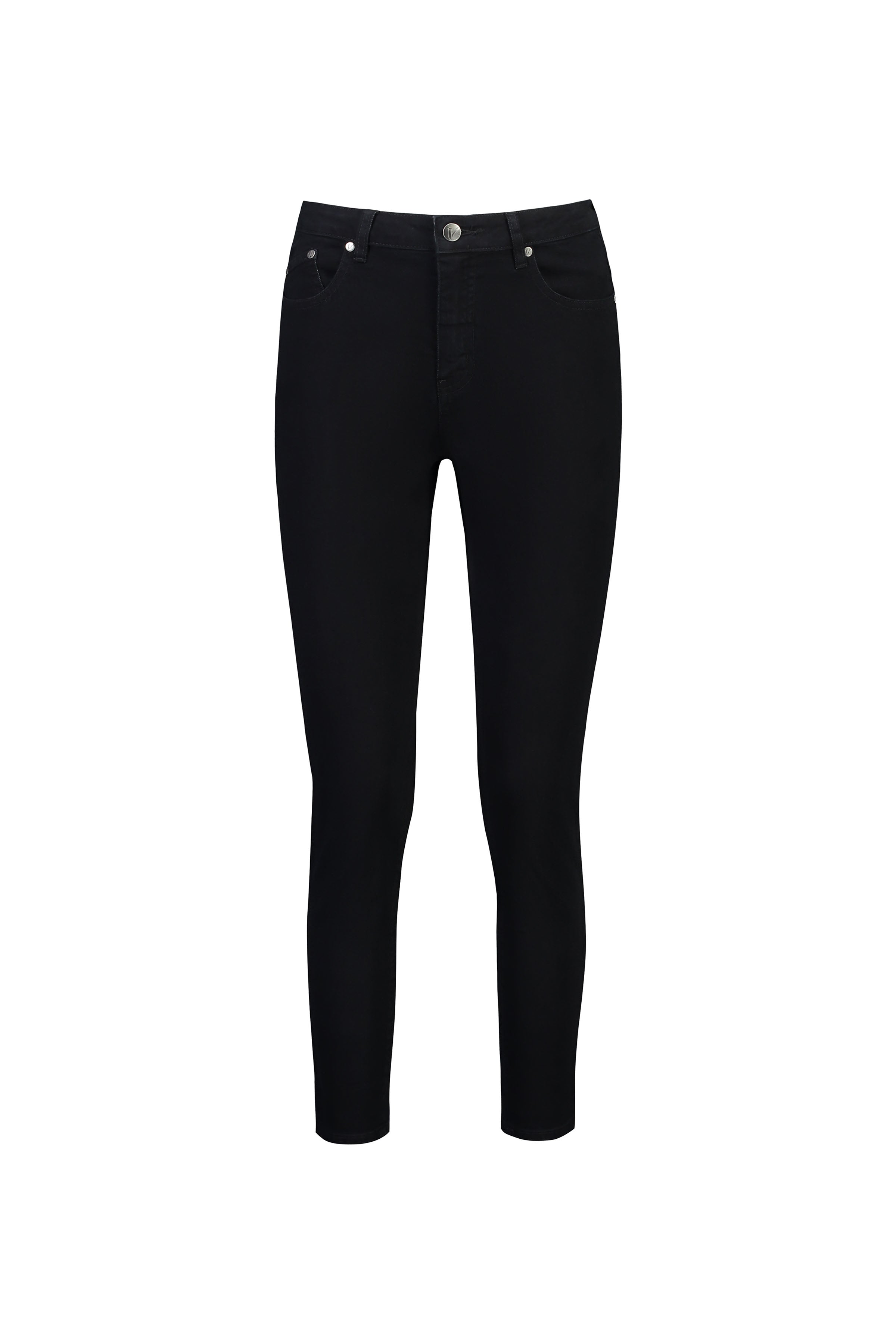 The Vassalli Icon Jean in black denim features a high-rise skinny fit, front and back pockets, silver button, and belt loops, shown against a plain white background.