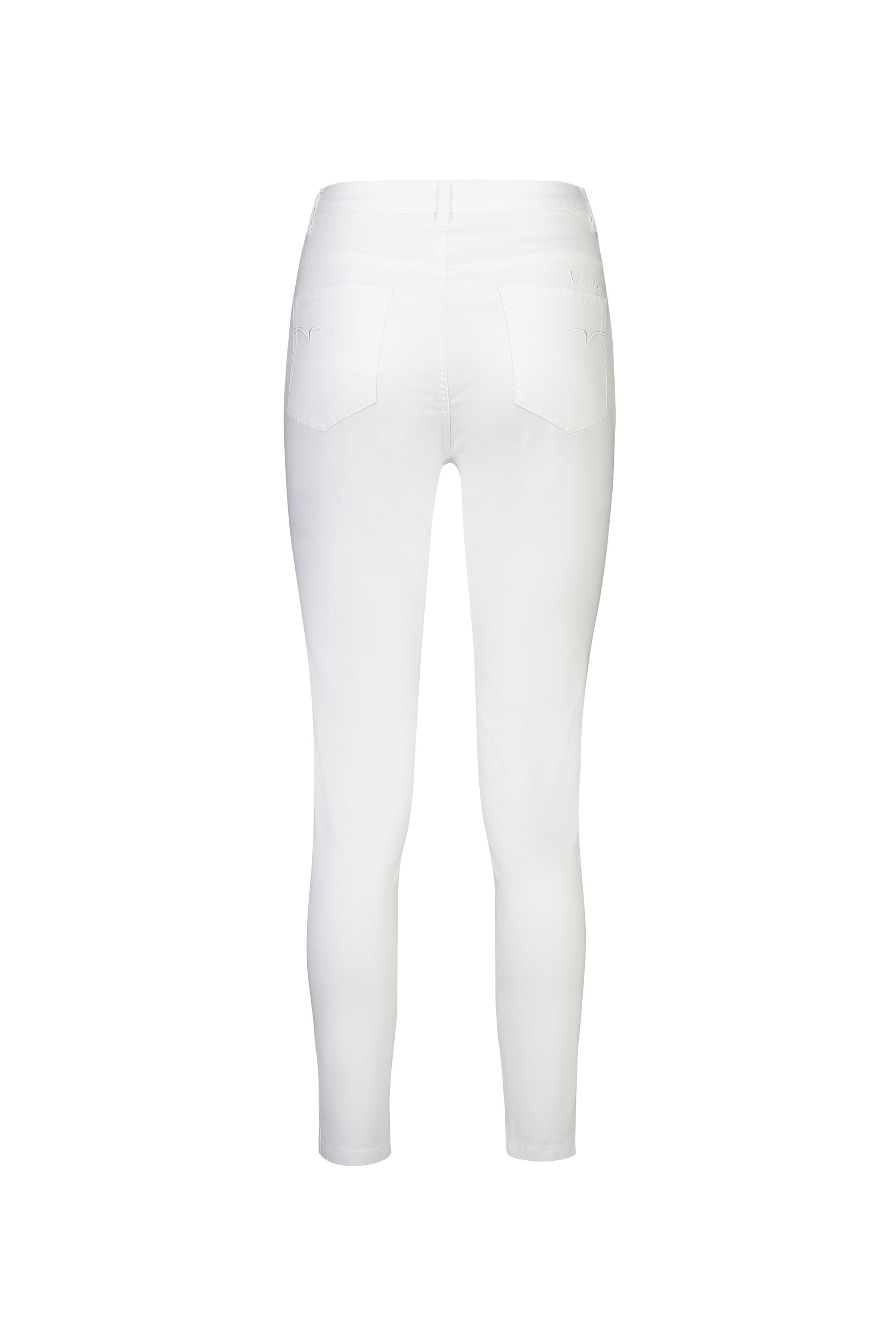 Back view of Vassalli Icon Jean - White Denim skinny leg jeans, featuring two back pockets, displayed on a plain white background.