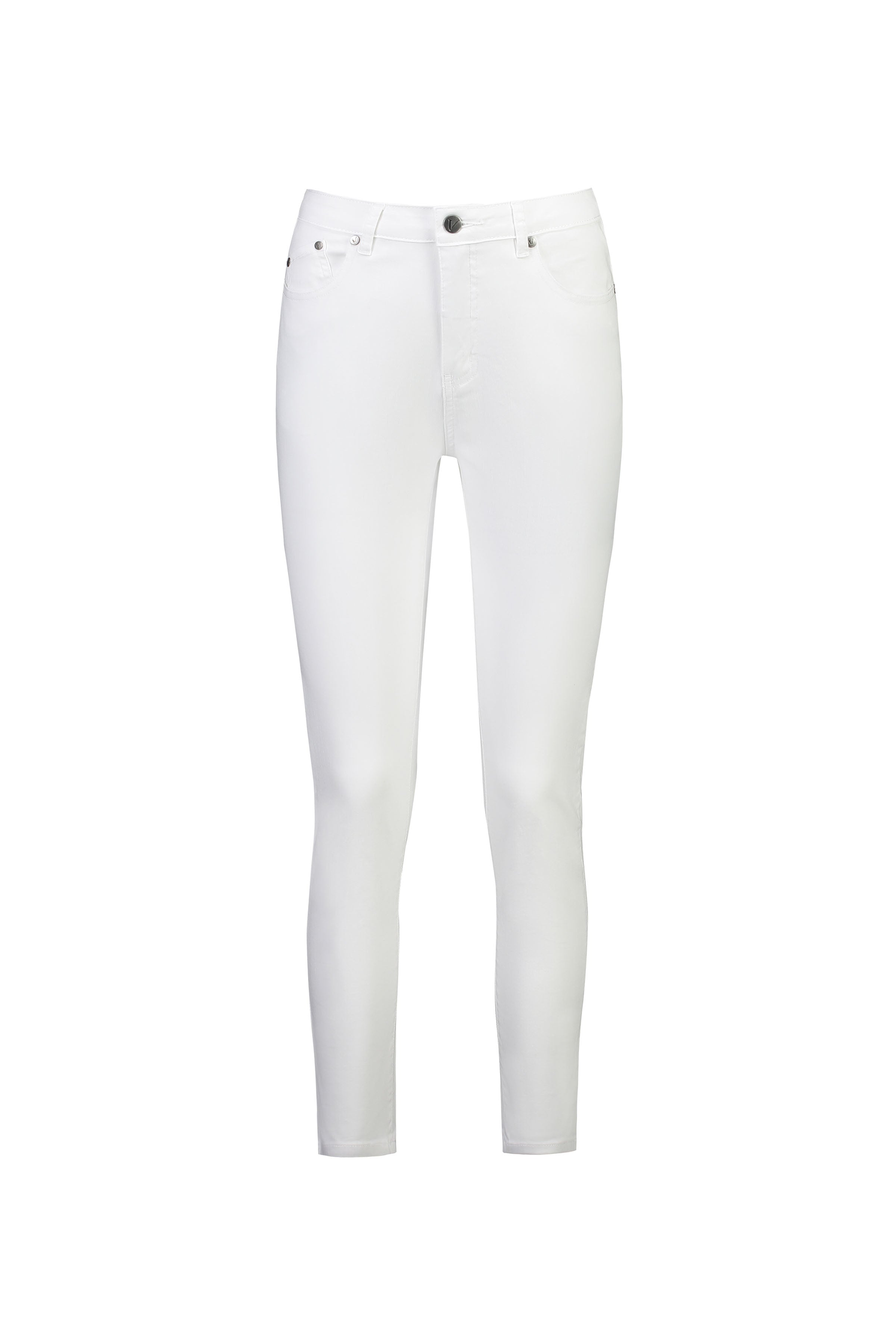 The Vassalli Icon Jean in White Denim features a high rise, skinny leg fit with button and zip closure, plus front and back pockets, shown against a plain white background.