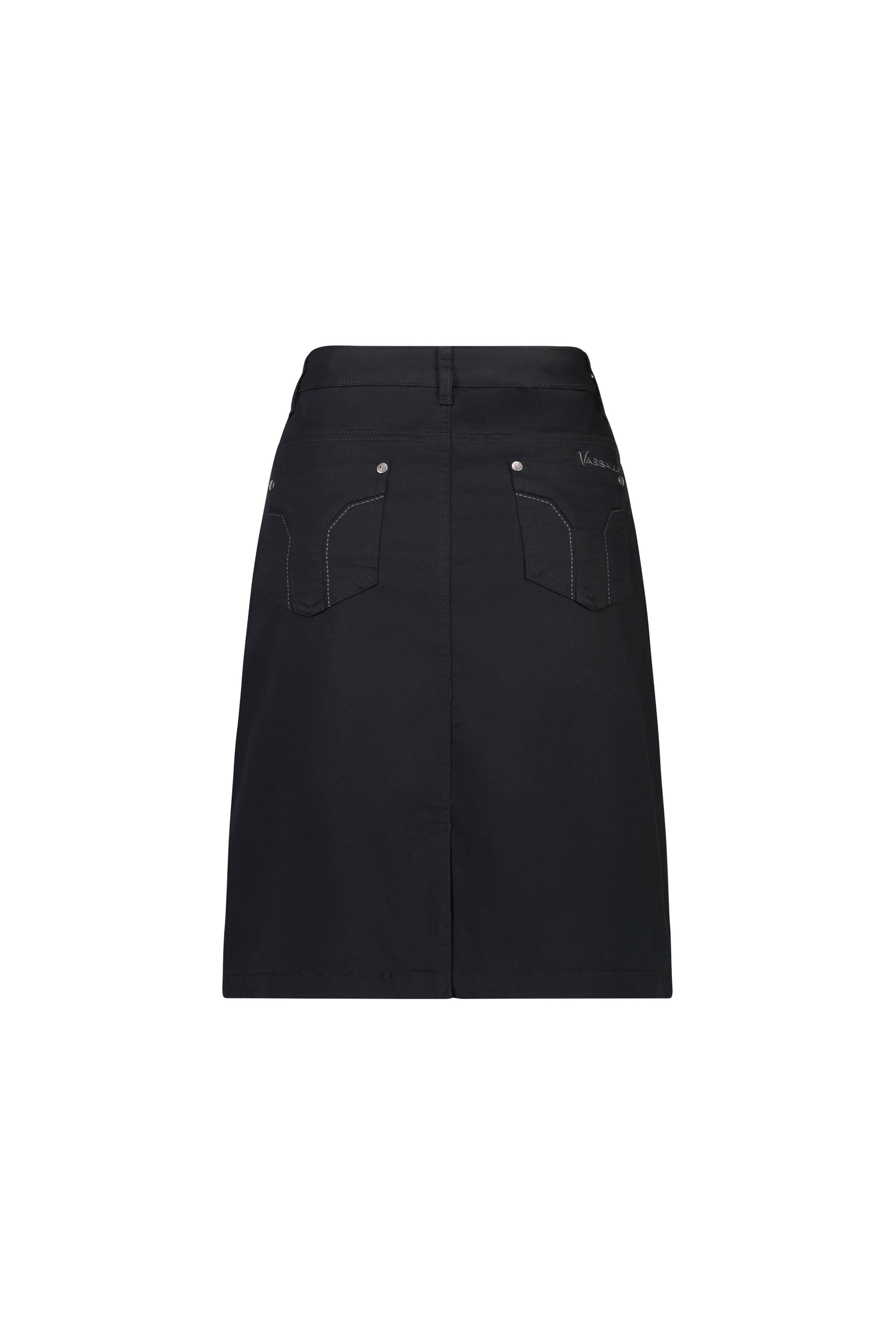The Vassalli Tilt Skirt - Black is a knee-length, straight-cut cotton stretch skirt with two back pockets, white stitching, and belt loops. This versatile everyday skirt is shown on a plain white background.