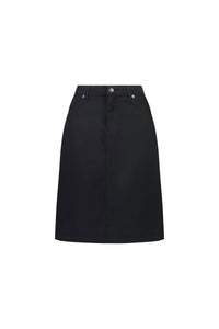 The Vassalli Tilt Skirt in black is a knee-length, A-line cotton stretch skirt featuring front button and zip closure, belt loops, and two front pockets—perfect for everyday wear. Shown here on a white background.