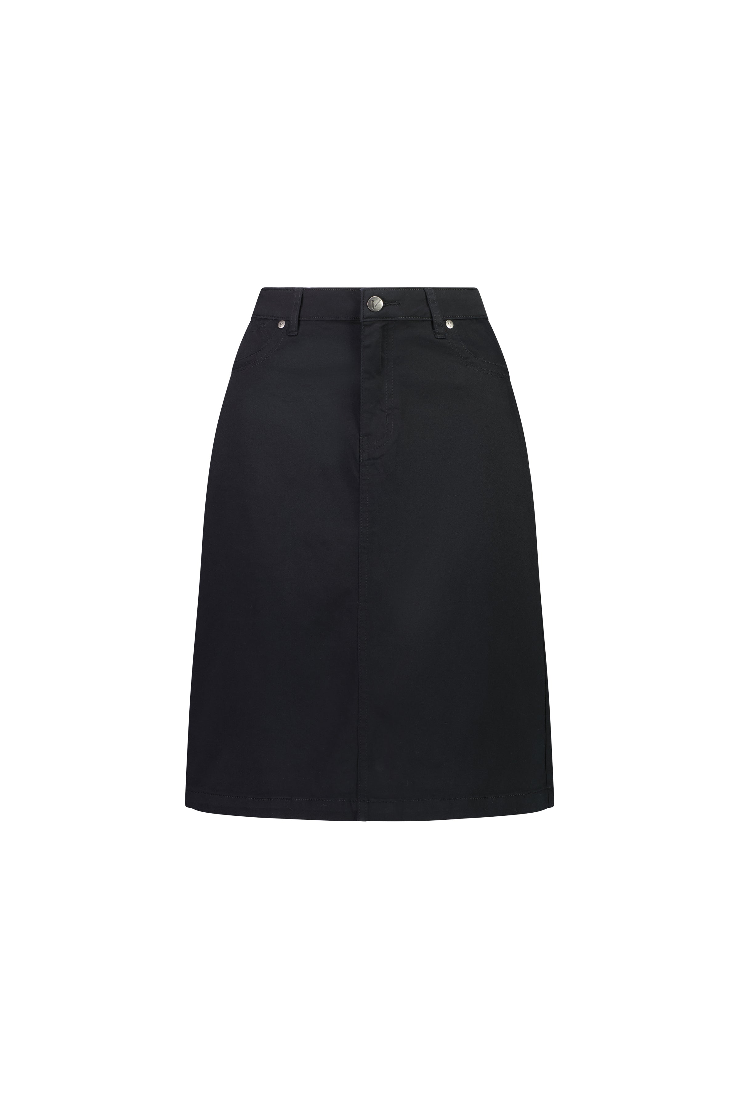 The Vassalli Tilt Skirt in black is a knee-length, A-line cotton stretch skirt featuring front button and zip closure, belt loops, and two front pockets—perfect for everyday wear. Shown here on a white background.