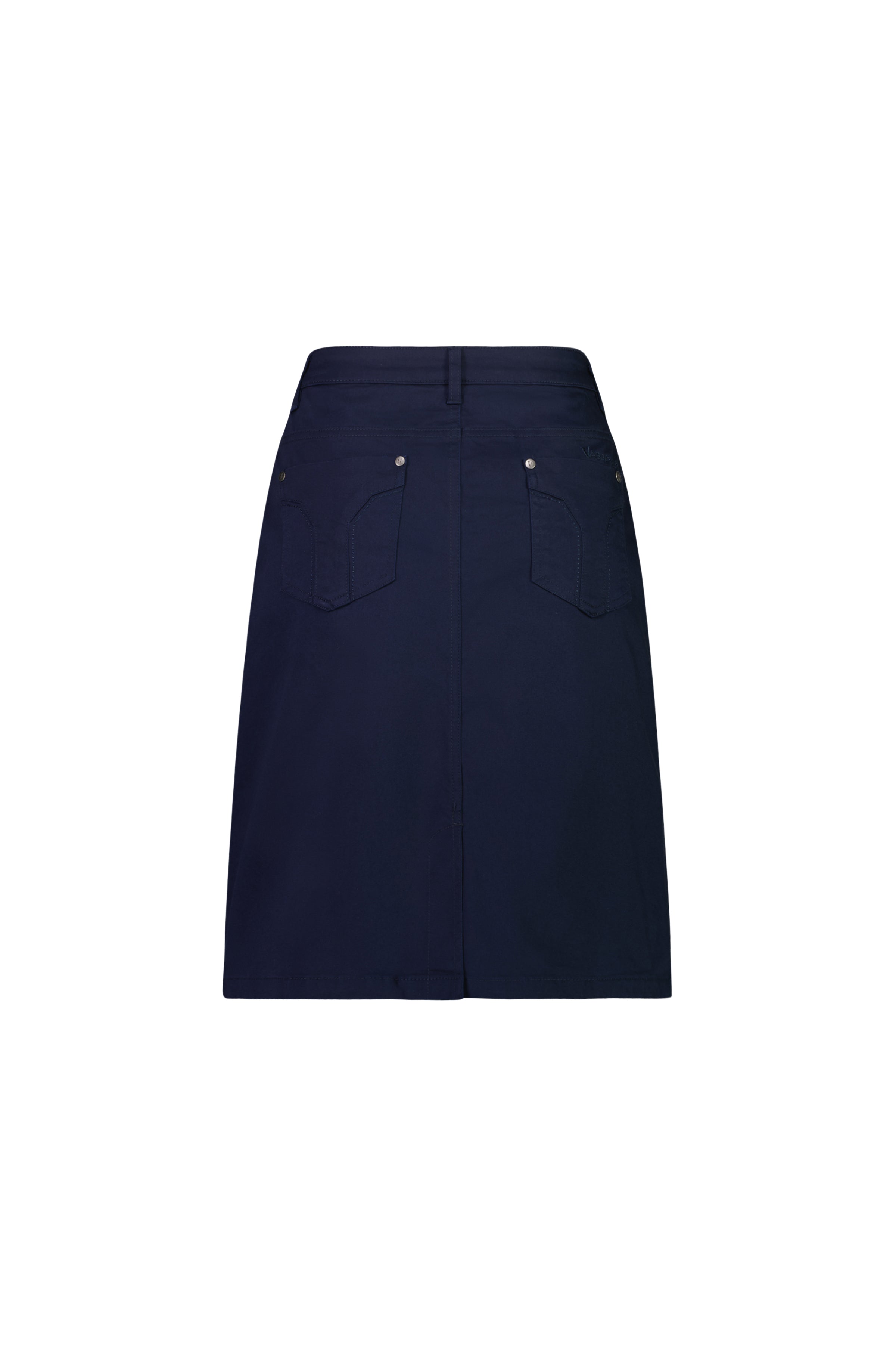 The Vassalli Tilt Skirt - Navy is a knee-length cotton stretch skirt with two stitched back pockets and a center hem slit—ideal for everyday wear.