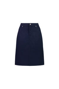 The Vassalli Tilt Skirt - Navy is a knee-length, A-line cotton stretch skirt with front button and zip closure, belt loops, and side pockets. Ideal for everyday wear, it’s shown on a plain white background.