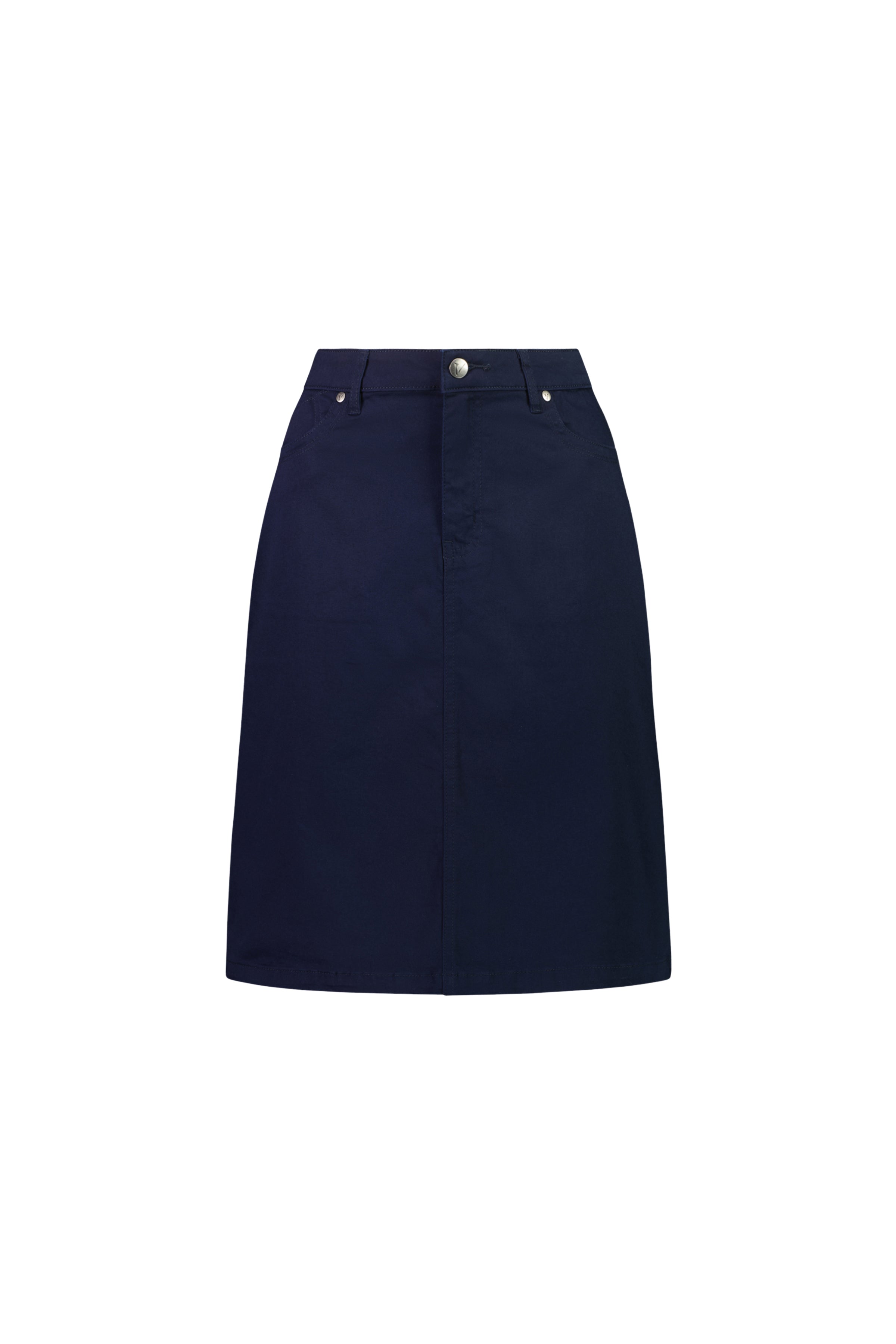 The Vassalli Tilt Skirt - Navy is a knee-length, A-line cotton stretch skirt with front button and zip closure, belt loops, and side pockets. Ideal for everyday wear, it’s shown on a plain white background.