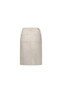 The Vassalli Tilt Skirt in Pumice is a beige, knee-length cotton stretch skirt with two back pockets, stitching detail, and waistband belt loops—ideal for daily wear and shown from the back against a plain white background.