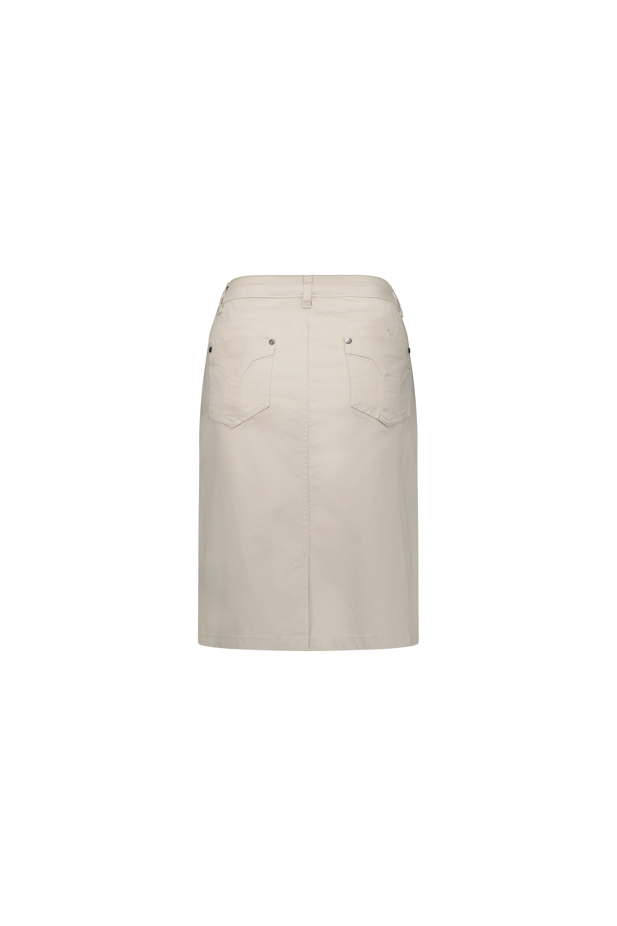 The Vassalli Tilt Skirt in Pumice is a beige, knee-length cotton stretch skirt with two back pockets, stitching detail, and waistband belt loops—ideal for daily wear and shown from the back against a plain white background.