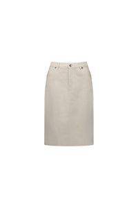 The Vassalli Tilt Skirt - Pumice is a beige, knee-length cotton stretch skirt with a straight cut, front button and zip closure, belt loops, and side pockets—ideal for everyday wear. Shown on a plain white background.