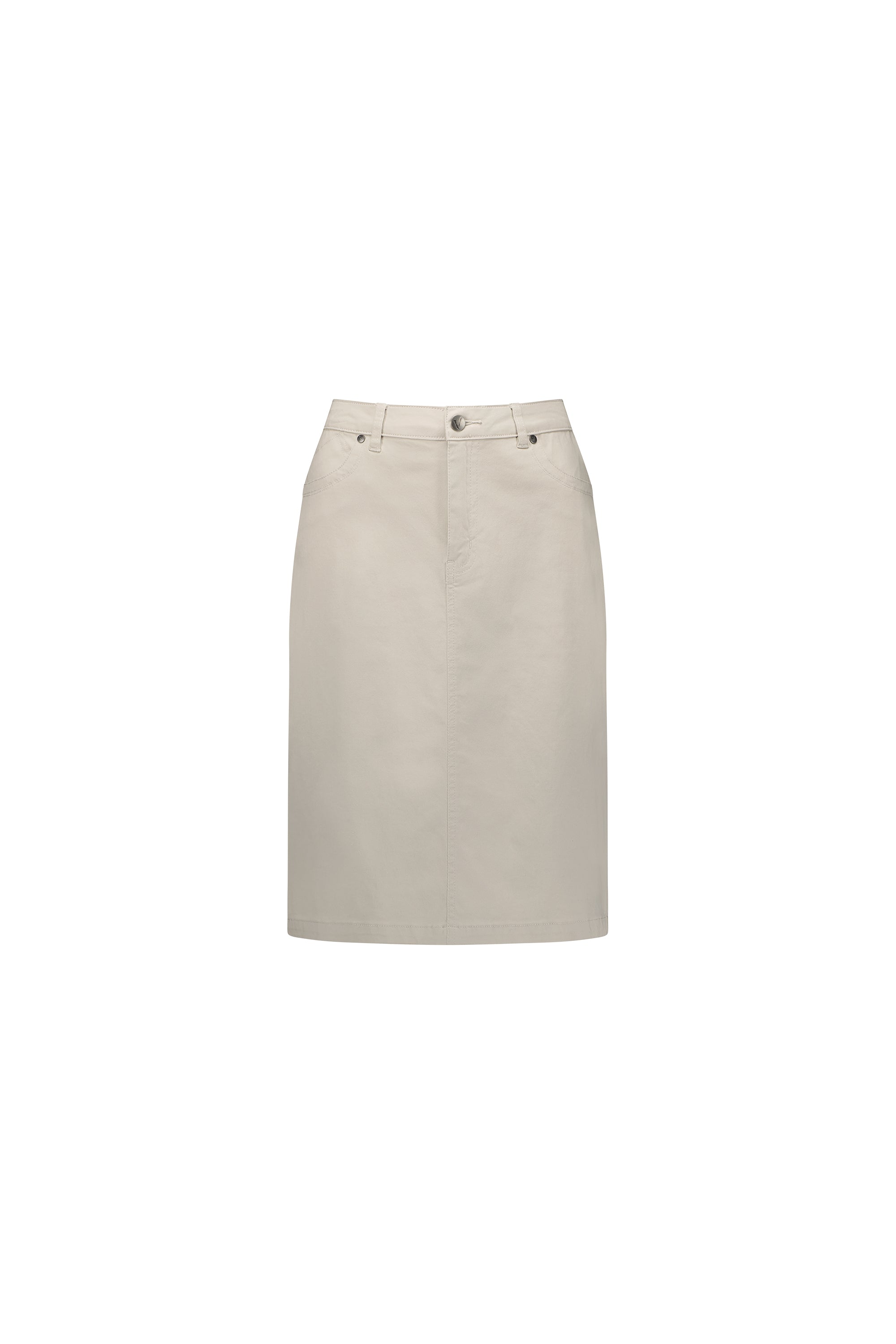 The Vassalli Tilt Skirt - Pumice is a beige, knee-length cotton stretch skirt with a straight cut, front button and zip closure, belt loops, and side pockets—ideal for everyday wear. Shown on a plain white background.