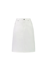 The Vassalli Tilt Skirt - White is an A-line cotton stretch denim skirt with front button and zipper closure, two front pockets, and a minimal design—ideal for everyday wear, shown on a plain white background.