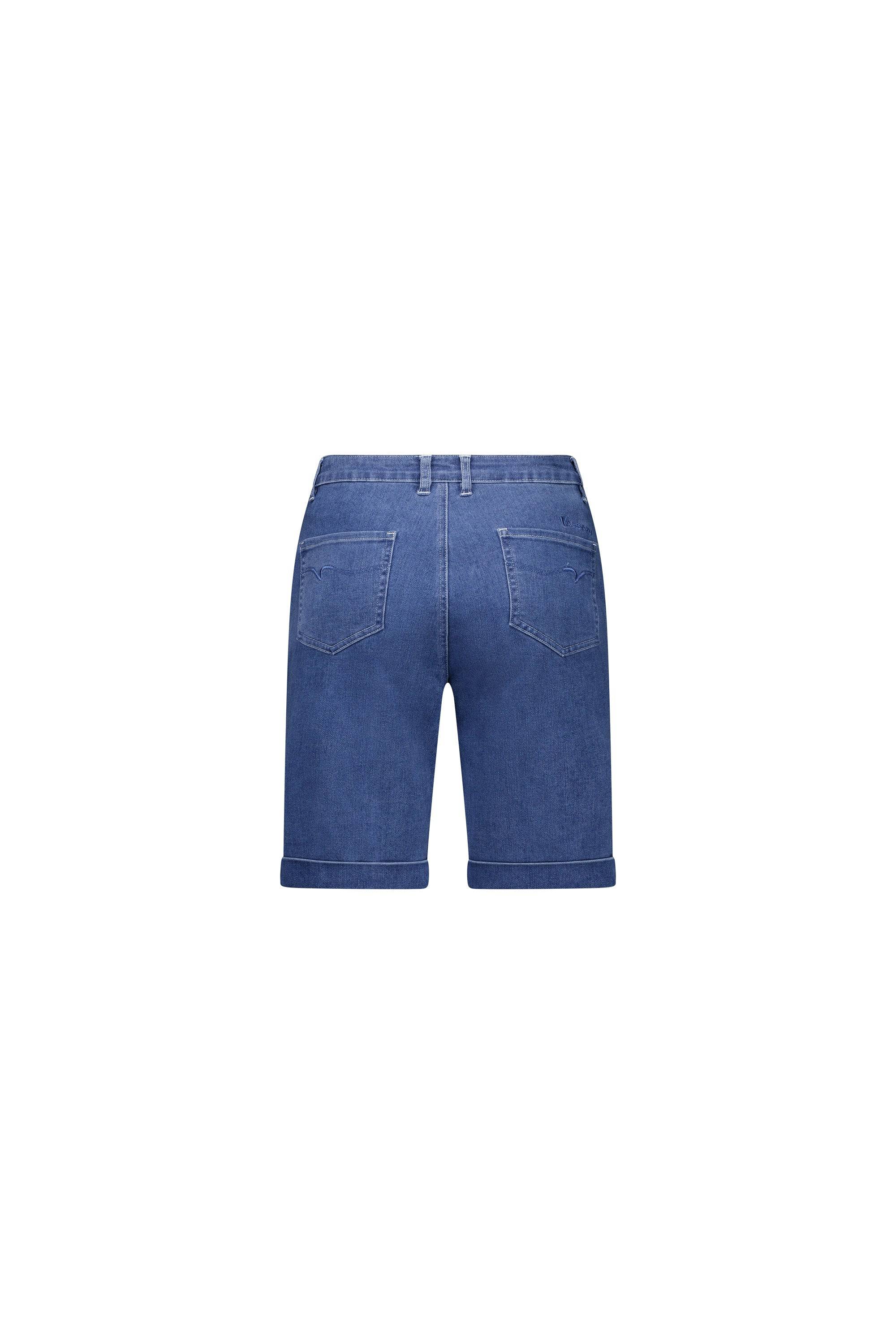 Back view of the Vassalli Havana Short in Blue Hue Denim, featuring rolled hems, belt loops, and two back pockets, displayed on a plain white background.