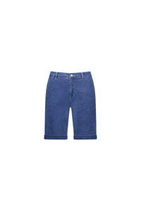 The Vassalli Havana Short in Blue Hue Denim features a slim-leg fit, button and zipper closure, belt loops, and rolled-up hems, shown against a plain white background.