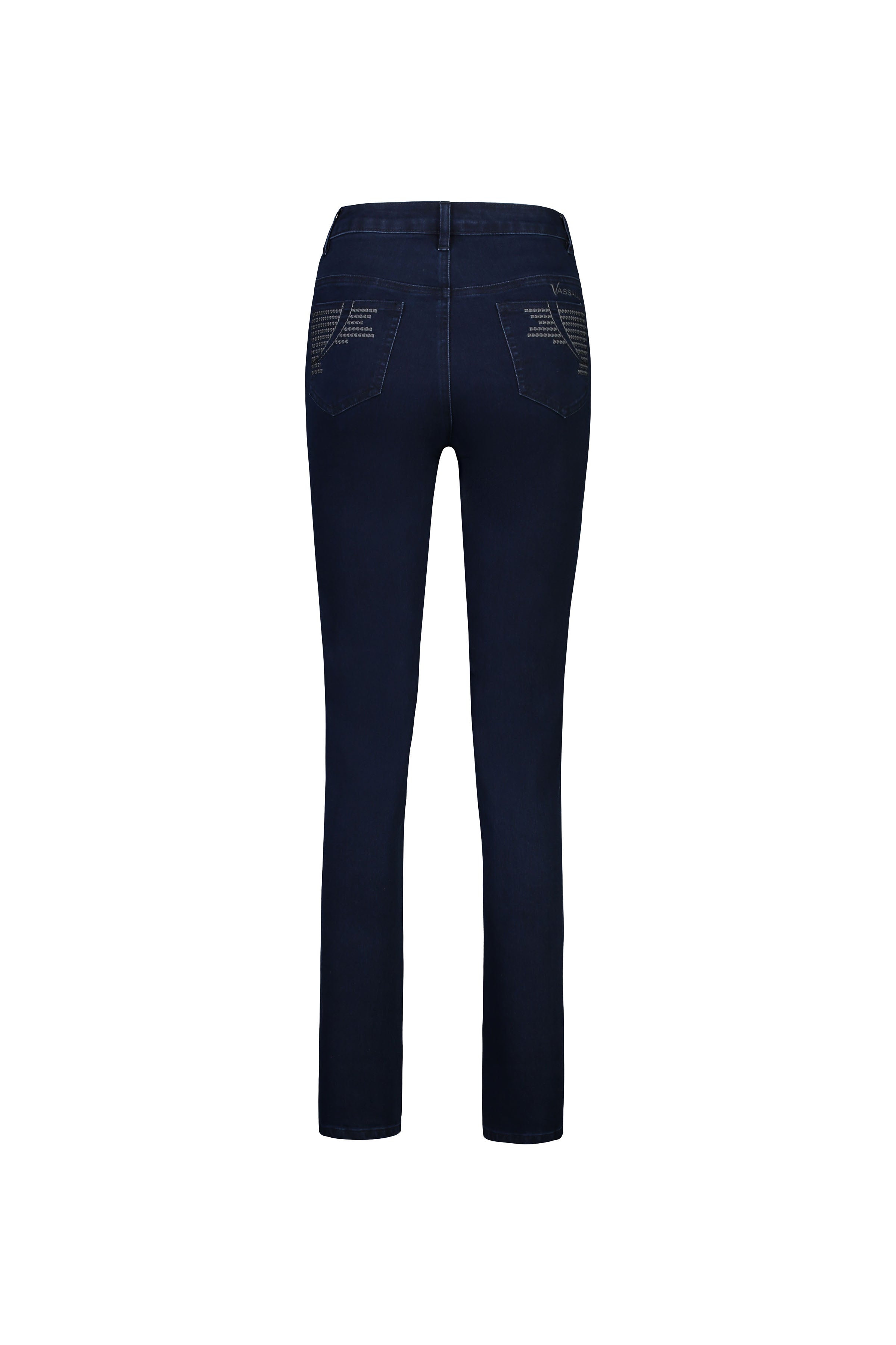 Back view of Vassalli Urban Jean - Mid Blue, showcasing two rear pockets, subtle stitching, and a high rise slim leg fit in stretch denim, displayed on a white background.