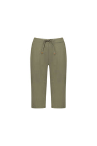 The Vassalli Drew 3/4 Pant in army green features an elastic waistband, drawstring, and side pockets. Made from stretch cotton, these knee-length shorts are shown against a white background.