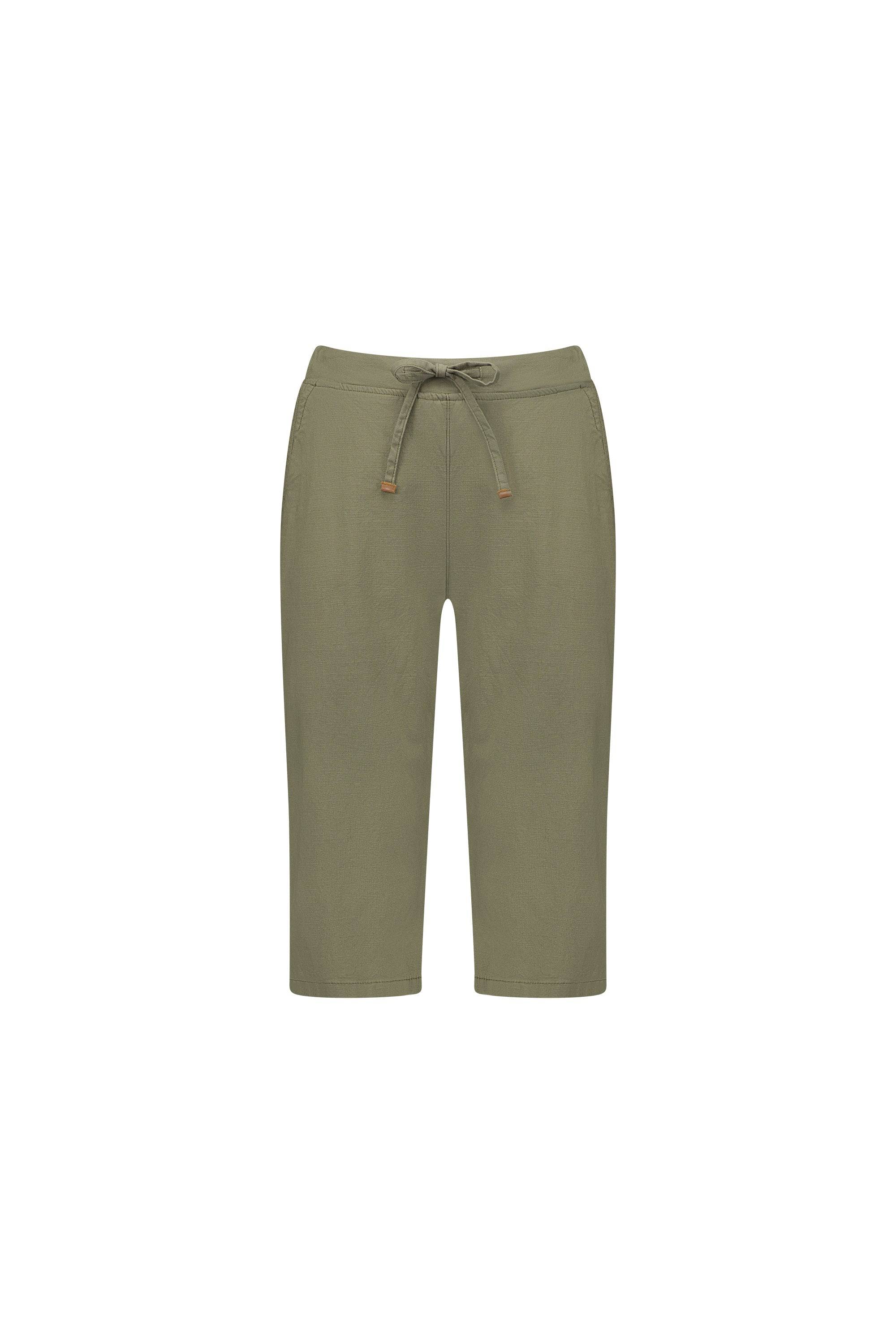 The Vassalli Drew 3/4 Pant in army green features an elastic waistband, drawstring, and side pockets. Made from stretch cotton, these knee-length shorts are shown against a white background.
