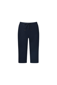 The Vassalli Drew 3/4 Pant in Ink is a navy blue, knee-length casual pant made from stretch cotton with an elastic waistband and drawstring, shown against a plain white background.