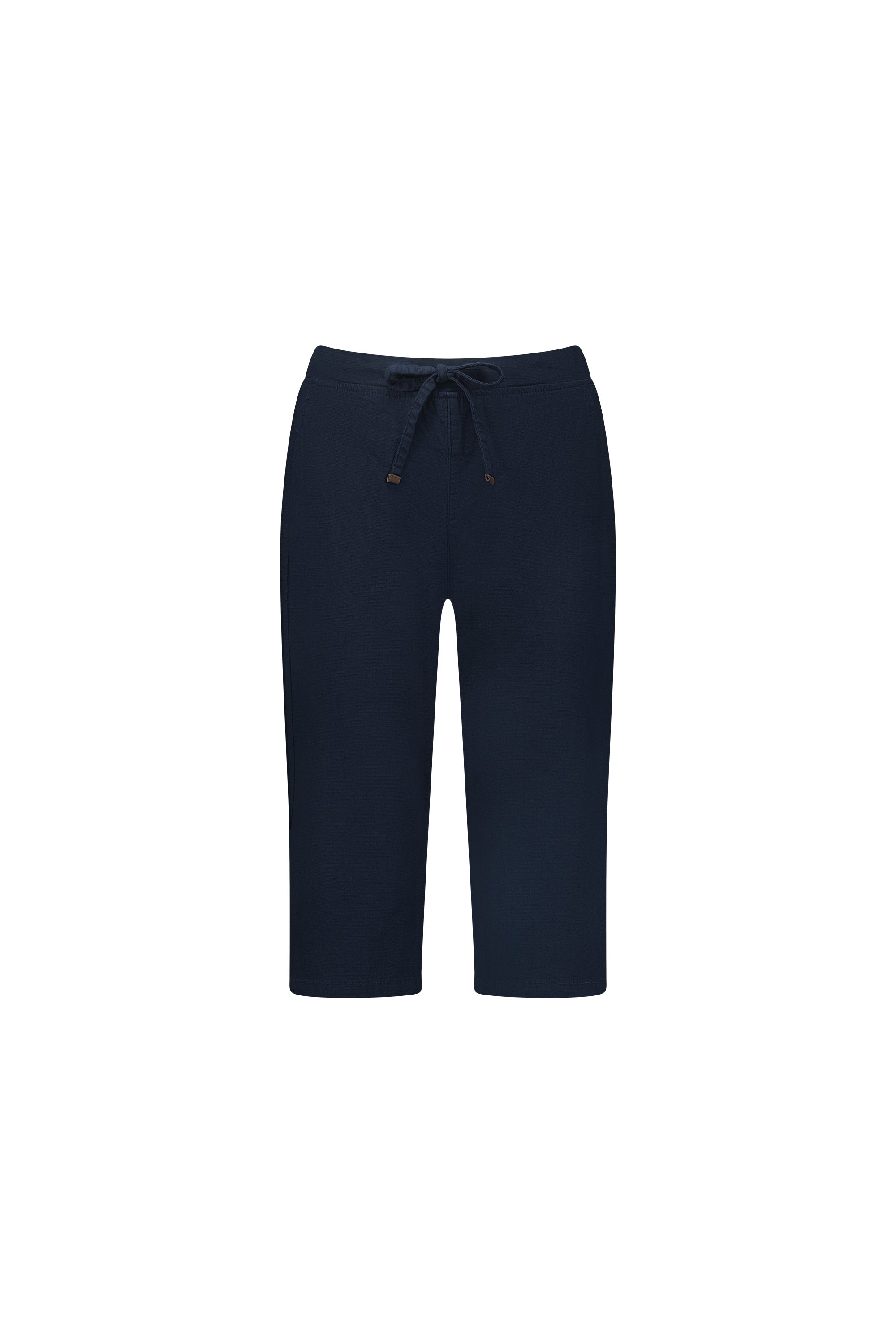 The Vassalli Drew 3/4 Pant in Ink is a navy blue, knee-length casual pant made from stretch cotton with an elastic waistband and drawstring, shown against a plain white background.