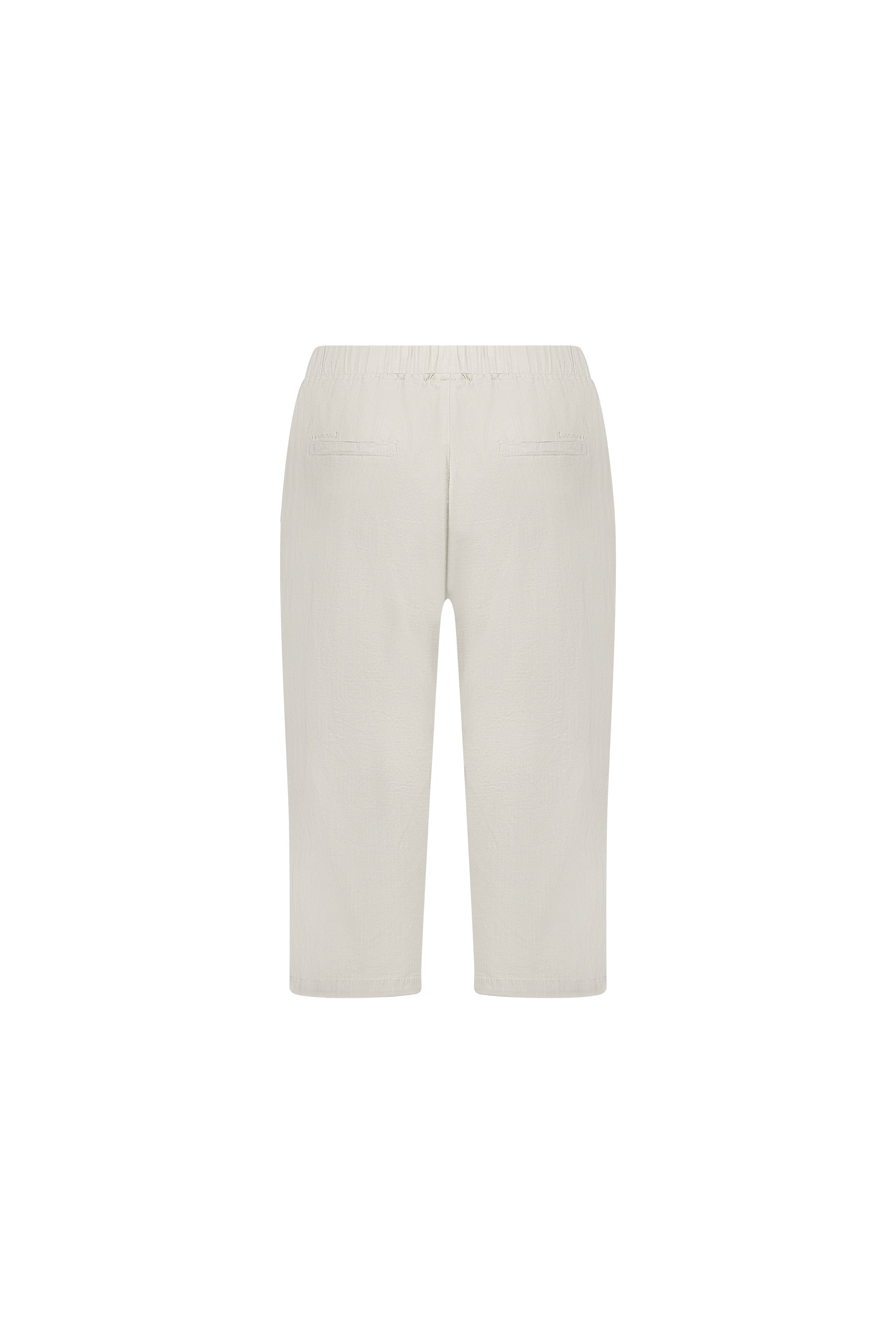 Back view of the Vassalli Drew 3/4 Pant in Stone, featuring straight legs, stretch cotton fabric, an elastic waistband, and two back welt pockets, shown against a plain white background.