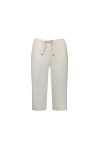 The Vassalli Drew 3/4 Pant in Stone features a light beige stretch cotton fabric, knee-length cut, elastic waistband, and drawstring tie at the front, shown against a plain white background.