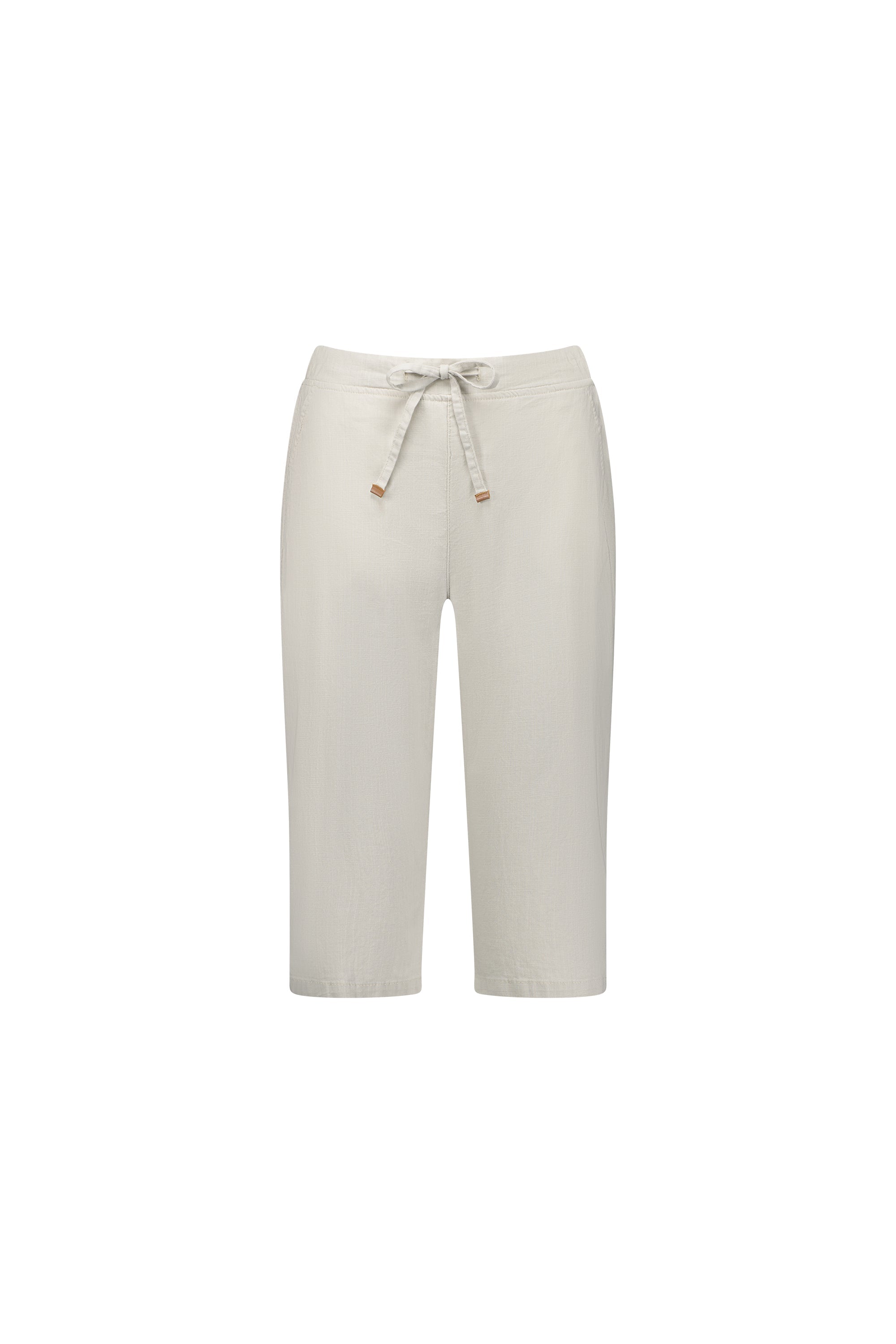 The Vassalli Drew 3/4 Pant in Stone features a light beige stretch cotton fabric, knee-length cut, elastic waistband, and drawstring tie at the front, shown against a plain white background.