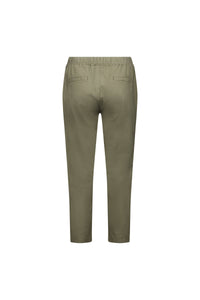 The Vassalli Denver 7/8 Pant in army green is shown from the back, featuring an elastic waistband and two back welt pockets. Made from a comfortable cotton blend and displayed against a white background.