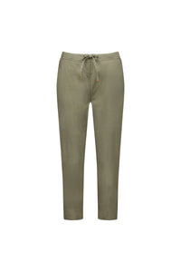The Vassalli Denver 7/8 Pant in light army green features a straight-leg cut, soft cotton blend fabric, drawstring waist, and side pockets, shown against a plain white background.
