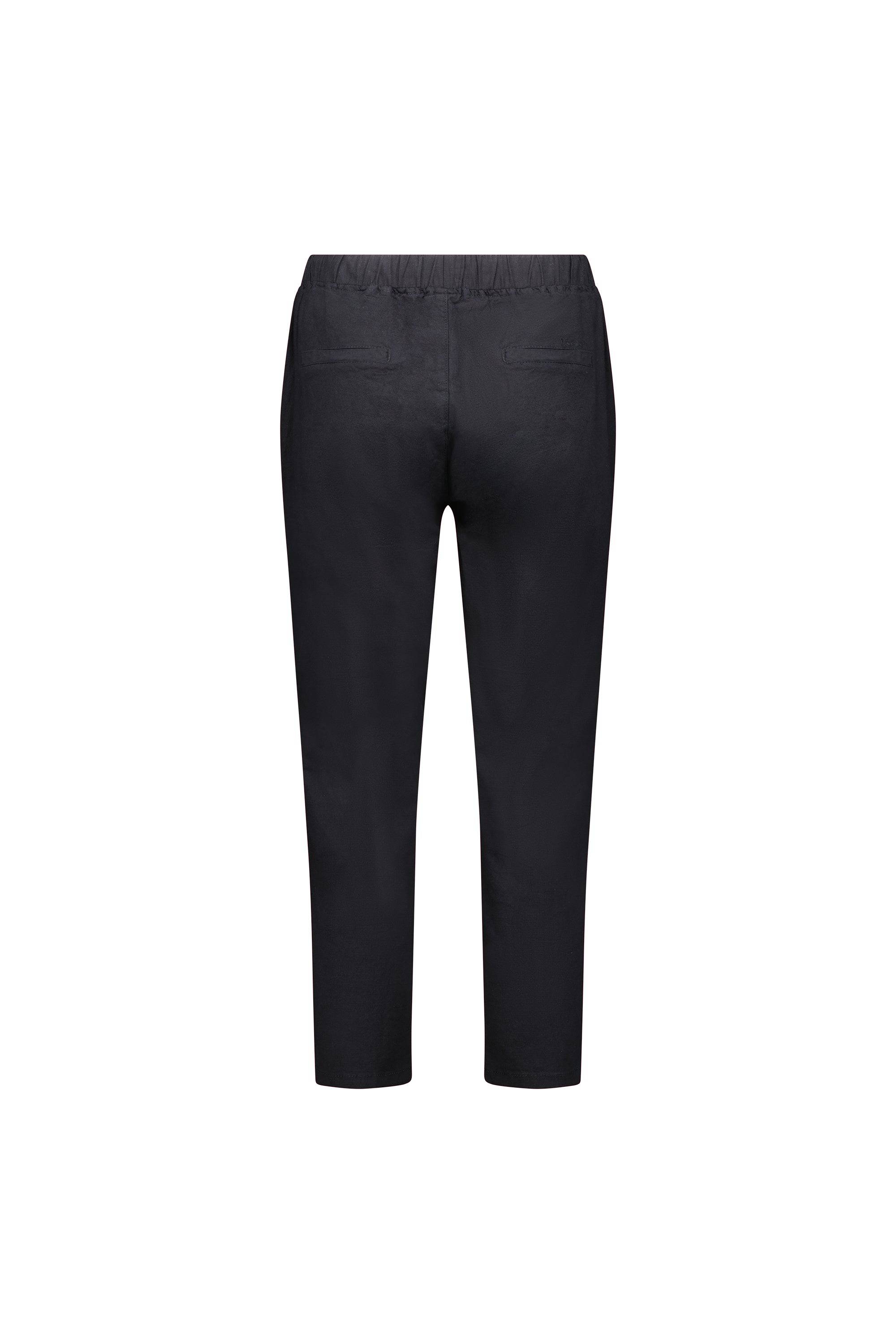 Back view of Vassalli Denver 7/8 Pant in black, featuring a straight-leg cut, soft cotton-blend fabric, elastic waistband, and two back welt pockets, displayed on a white background.