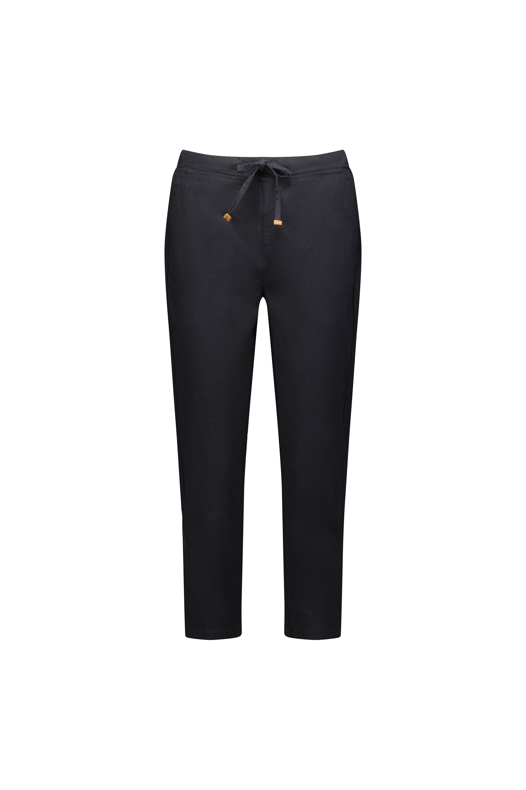 The Vassalli Denver 7/8 Pant in black is shown against a white background. These cotton blend pants have a relaxed fit, slightly tapered legs, and an elastic waistband with drawstring for adjustable comfort.