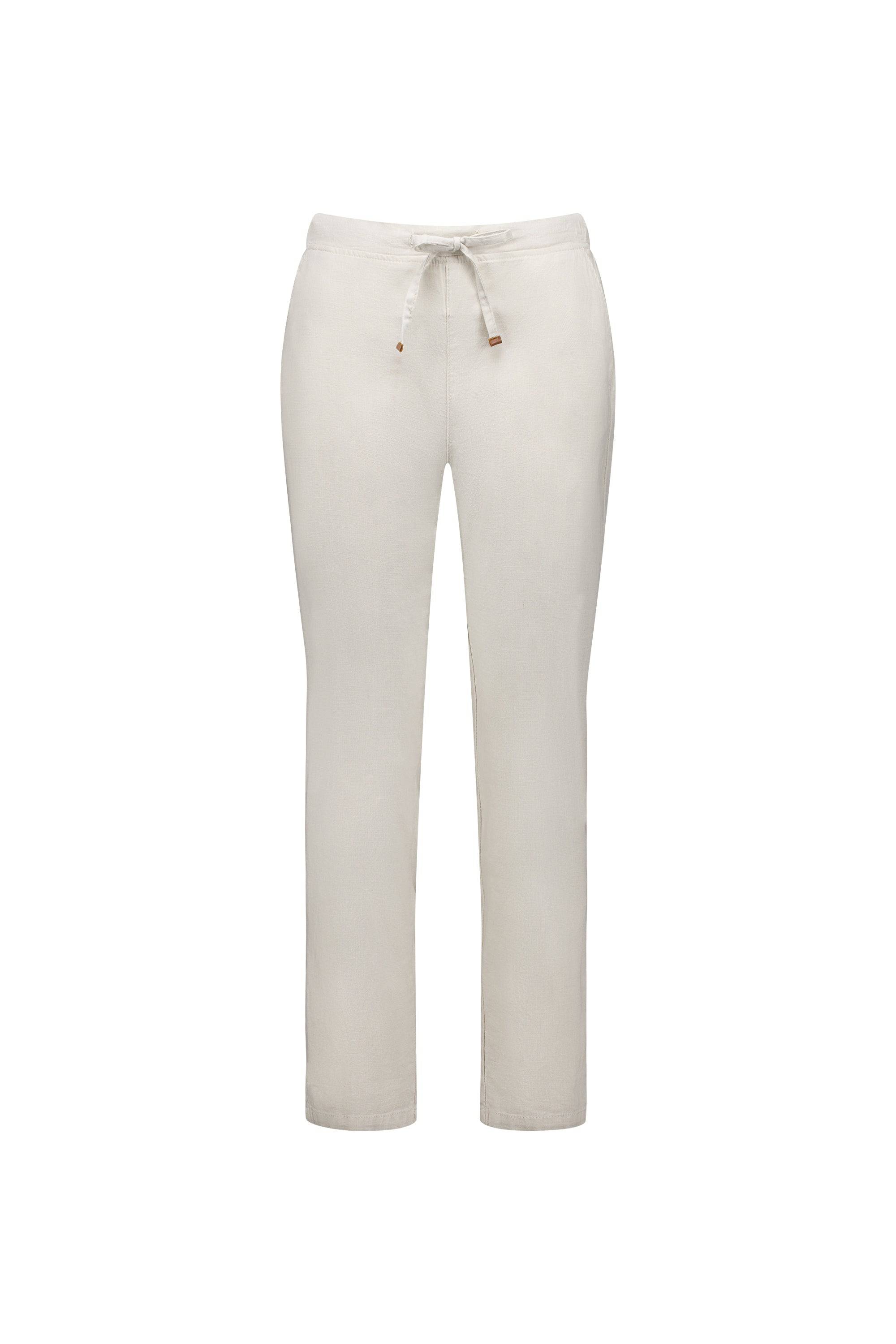 The Vassalli Leonie 7/8 Pant in Stone features a light beige hue, straight-leg cut, stretch fabric, and drawstring waistband. These ankle-grazer pants are showcased against a plain white background.