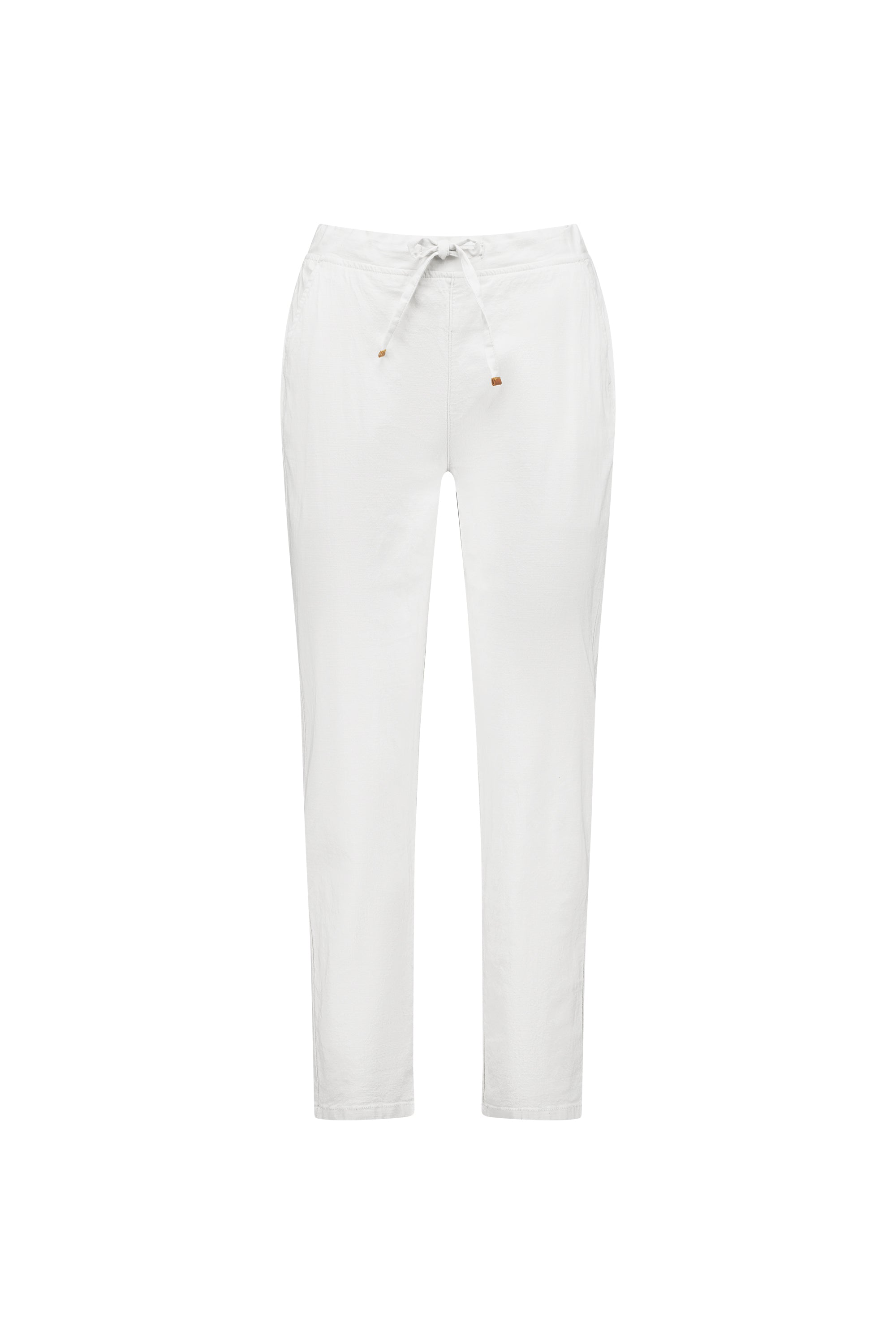 The Vassalli Leonie 7/8 Pant in white features a slim leg, stretch fabric, elastic waistband with drawstring, and practical side pockets, shown against a plain white background.