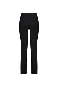Back view of the Vassalli Slim Leg Ponti Pant in black, featuring two back pockets, subtle stitching, and belt loops. Made from stretch fabric for comfort. Shown against a plain white background.
