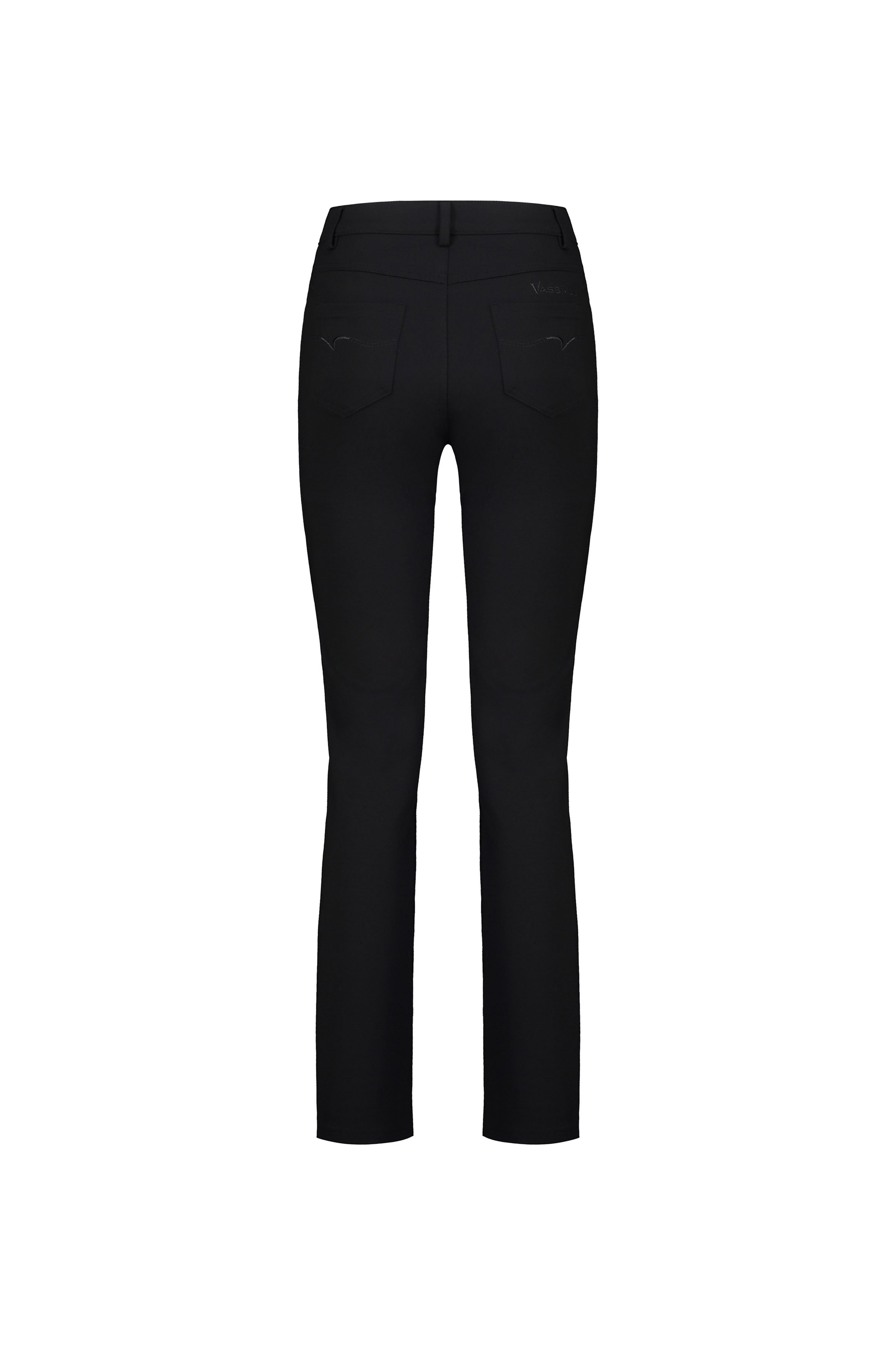 Back view of the Vassalli Slim Leg Ponti Pant in black, featuring two back pockets, subtle stitching, and belt loops. Made from stretch fabric for comfort. Shown against a plain white background.