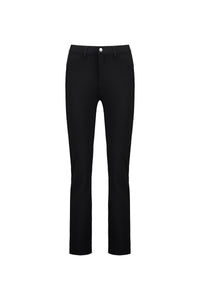 The Vassalli Slim Leg Ponti Pant in black features stretch fabric, a button and zipper closure, front pockets, and belt loops, shown on a white background.