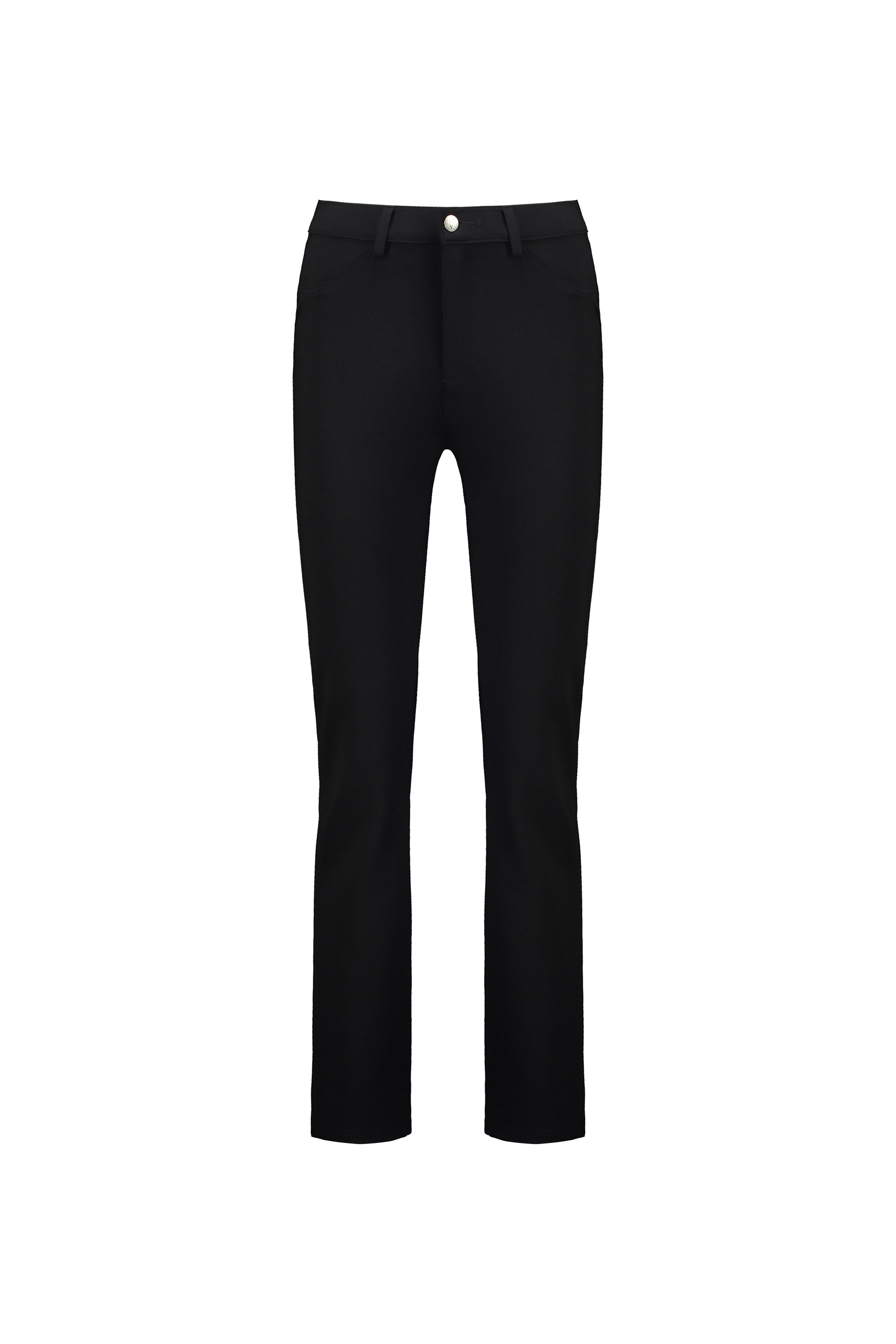 The Vassalli Slim Leg Ponti Pant in black features stretch fabric, a button and zipper closure, front pockets, and belt loops, shown on a white background.