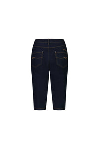 Back view of the Vassalli Alfa Short - Indigo Denim (Contrast Stitch): dark blue stretch denim shorts with two back pockets, yellow stitching, and a V design. These slim leg, knee-length shorts are a stylish summer staple.