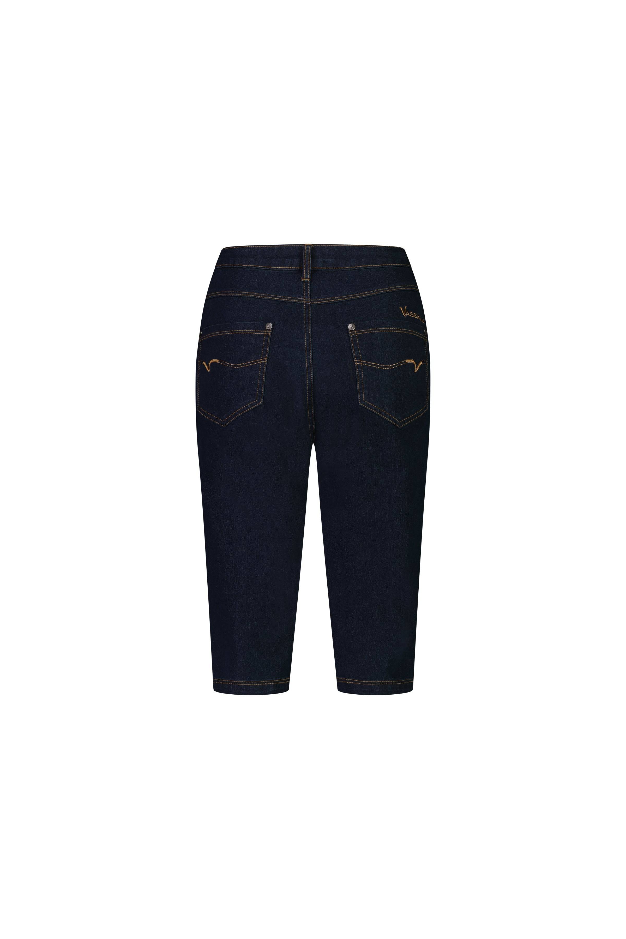 Back view of the Vassalli Alfa Short - Indigo Denim (Contrast Stitch): dark blue stretch denim shorts with two back pockets, yellow stitching, and a V design. These slim leg, knee-length shorts are a stylish summer staple.