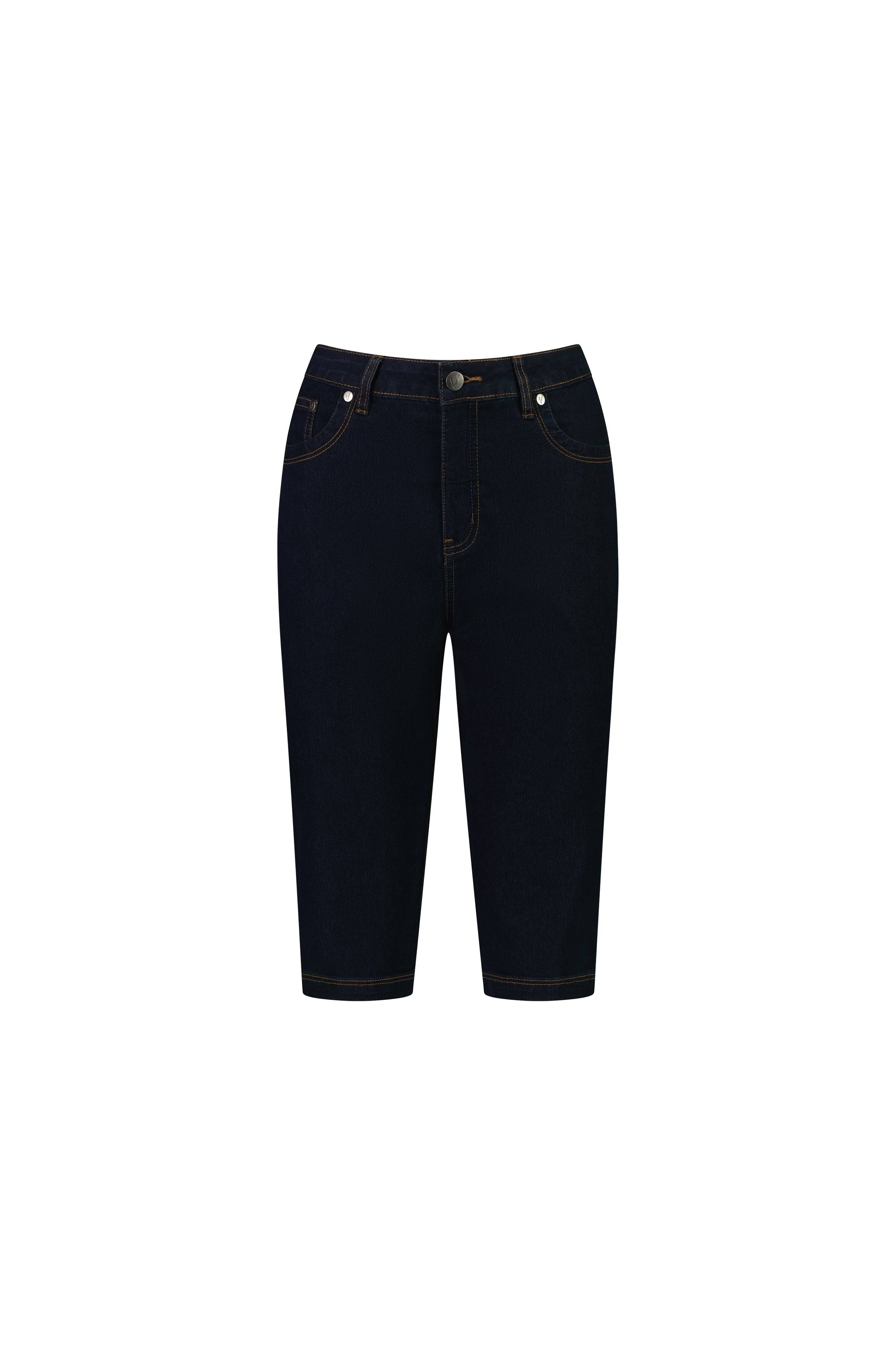 The Vassalli Alfa Short - Indigo Denim (Contrast Stitch) features a slim leg, classic five-pocket design, and visible stitching in stretch denim—perfect as a summer staple. Shown on a white background.