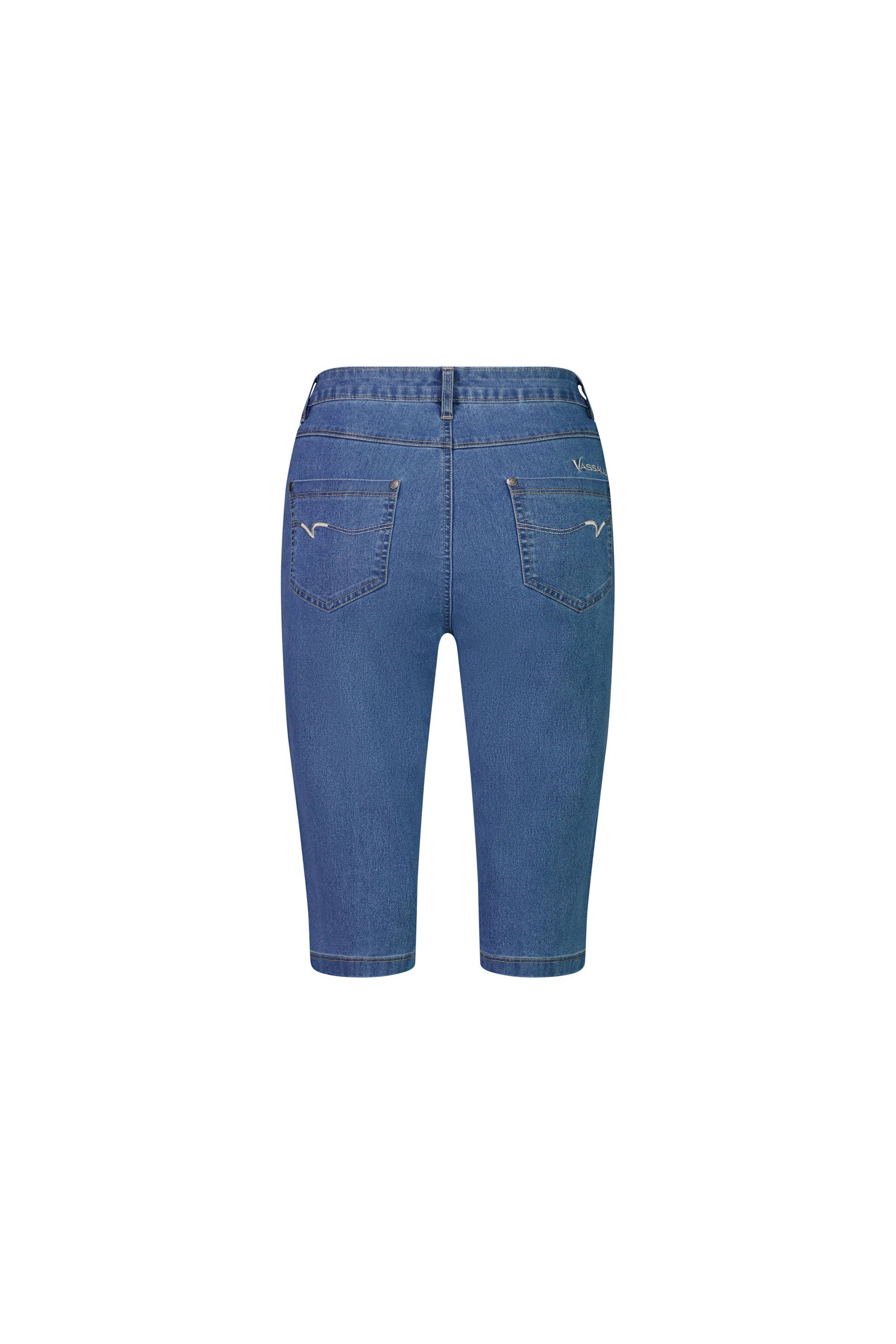 Back view of Vassalli's Alfa Short - Light Denim (Contrast Stitch): slim leg, knee-length, blue stretch denim with two back pockets featuring visible stitching and small decorative embroidery—a perfect summer staple on a white background.
