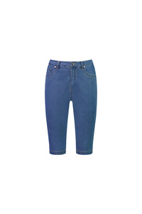 Vassalli Alfa Short - Light Denim (Contrast Stitch): Knee-length blue stretch denim shorts featuring a slim leg fit, five-pocket design, and belt loops—a perfect summer staple, shown on a white background.