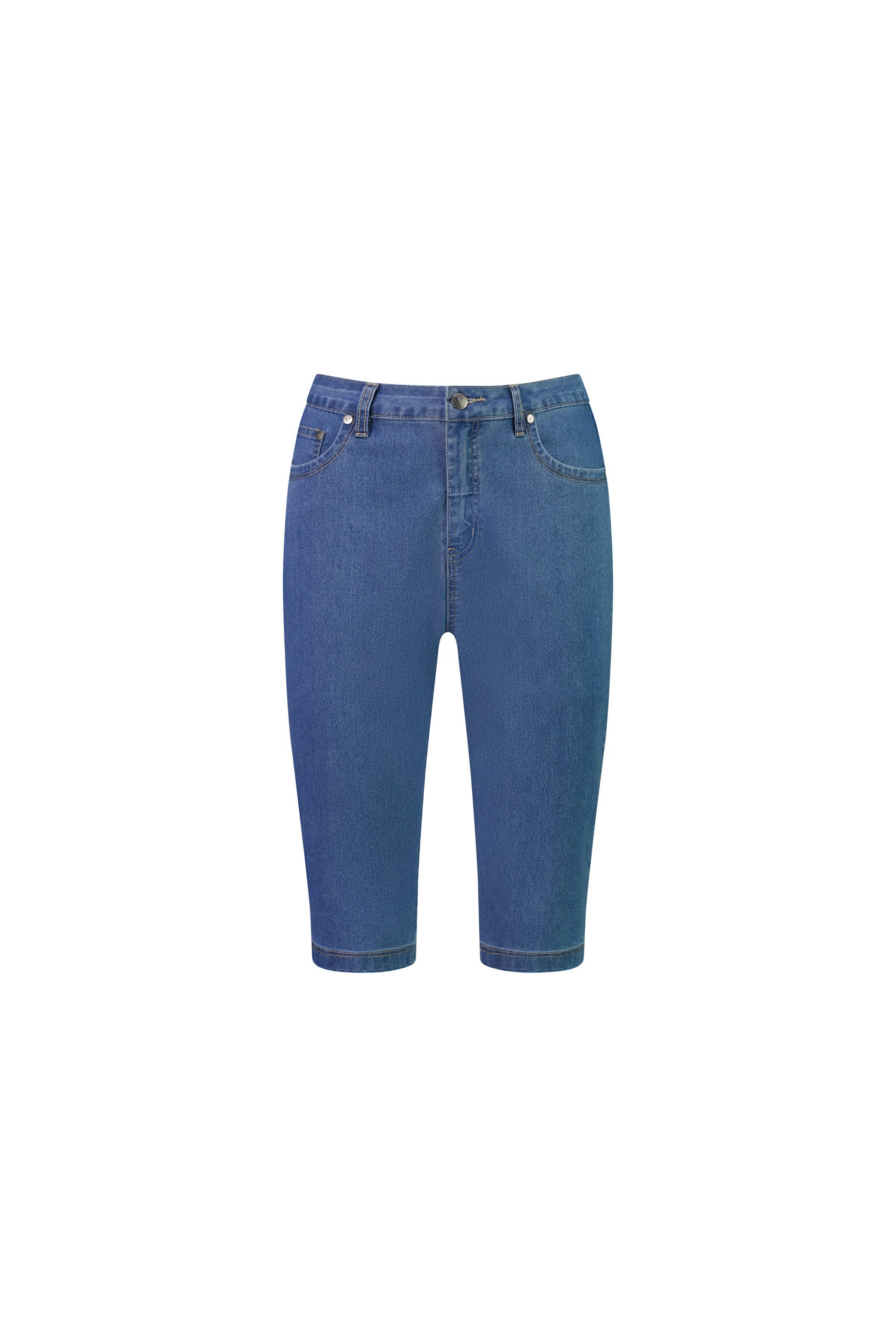 Vassalli Alfa Short - Light Denim (Contrast Stitch): Knee-length blue stretch denim shorts featuring a slim leg fit, five-pocket design, and belt loops—a perfect summer staple, shown on a white background.